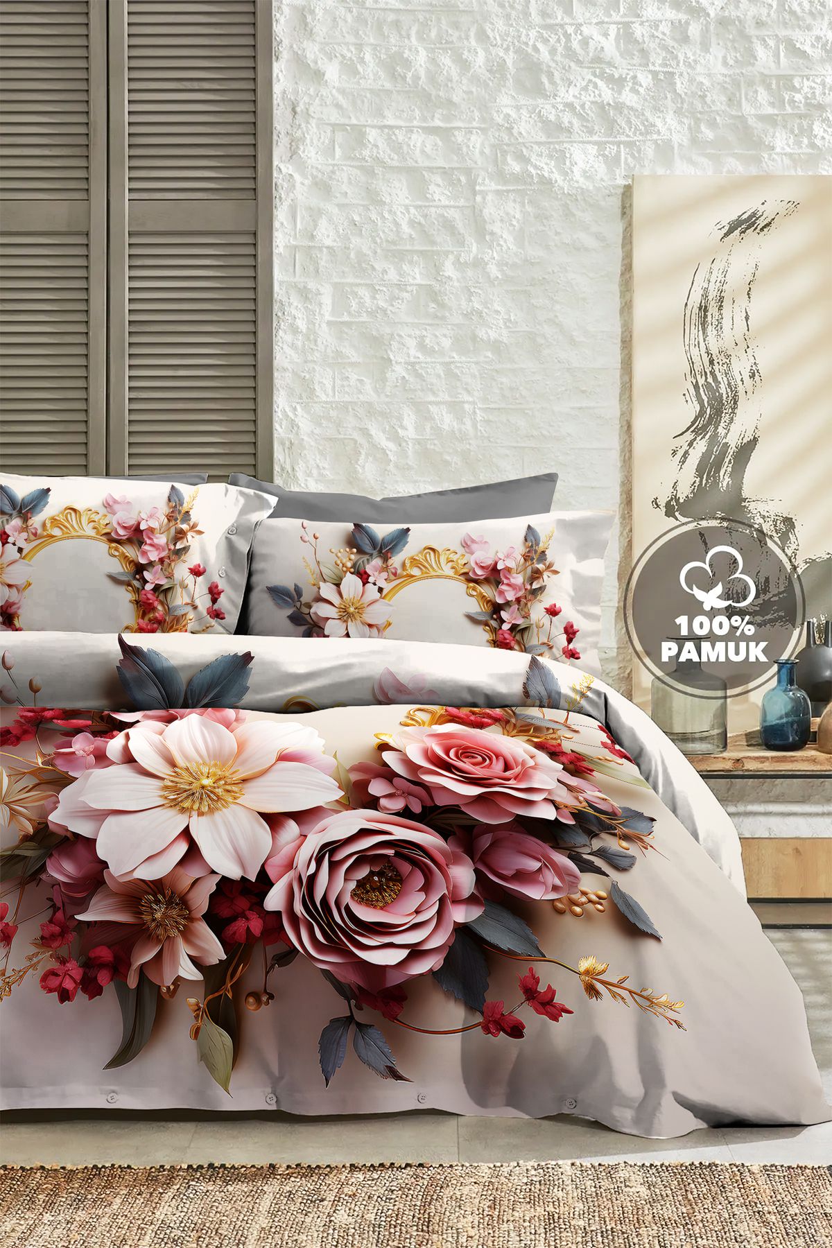 PerlaSera %100 PAMUK Ranforce Çeyizlik Luxury 5D Dijital Çift Kişilik Nevresim Takımı Red