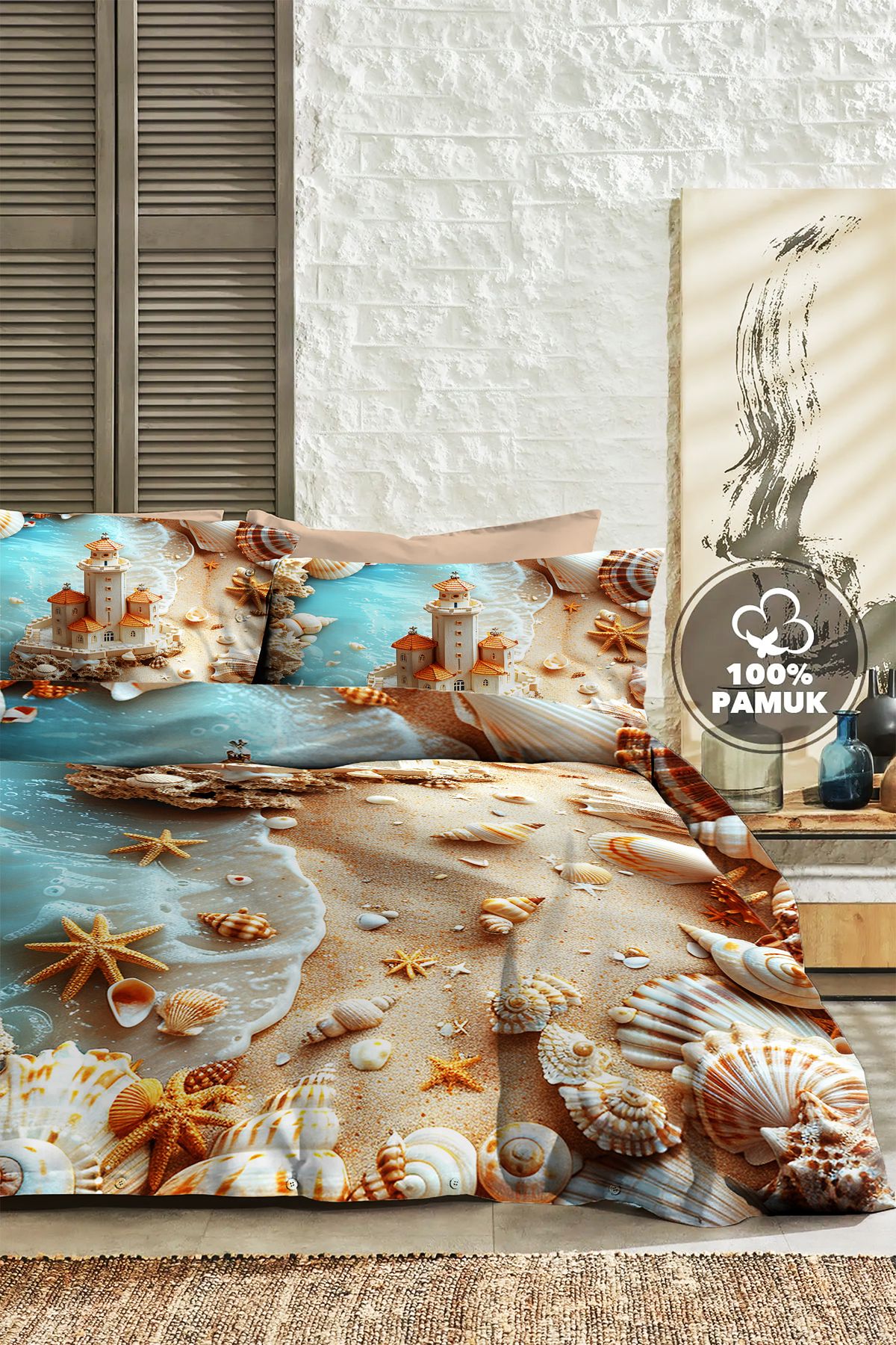 PerlaSera %100 PAMUK Ranforce Çeyizlik Luxury 5D Dijital Çift Kişilik Nevresim Takımı Sahil 3
