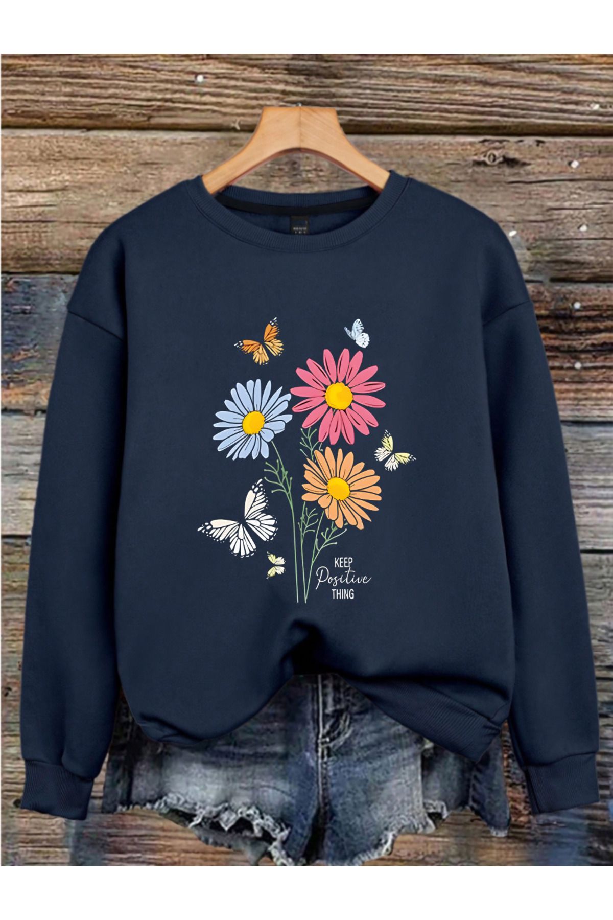 MAGORS FLOWERS BASKILI 3 İPLİK BİSİKLET YAKA UZUN KOLLU SWEATSHIRT