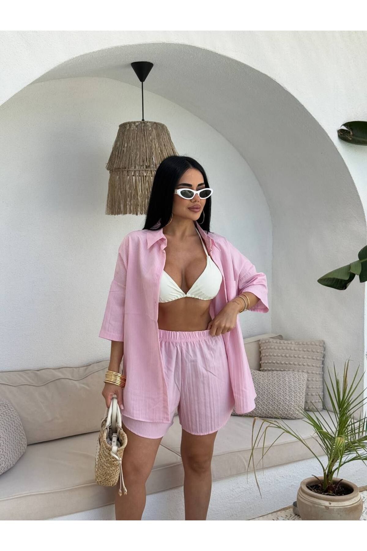 Lady Pixie Kadın Keten Kumaş Oversize Gömlek Şort Takımı