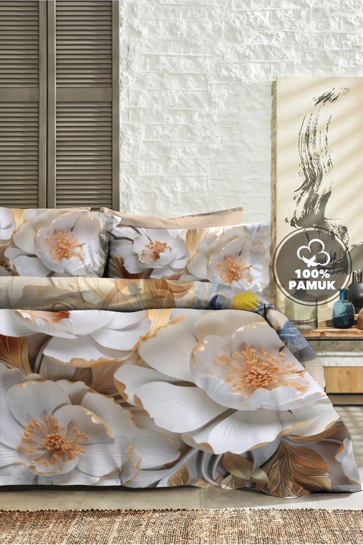 PerlaSera %100 PAMUK Ranforce Çeyizlik Luxury 5D Dijital Çift Kişilik Nevresim Takımı Brown Flower