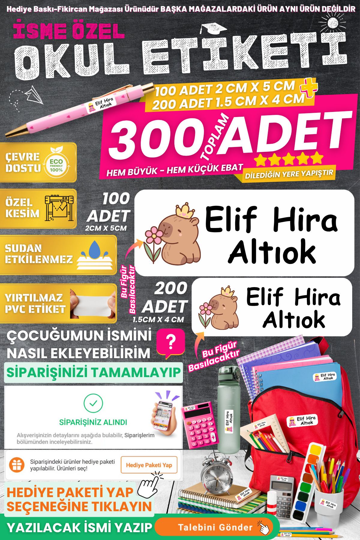 FİKİRCAN Fikircan-İsme Özel Okul Etiket Seti - KAPİBARA-2 300 Adet - Kokusuz PVC ETİKET