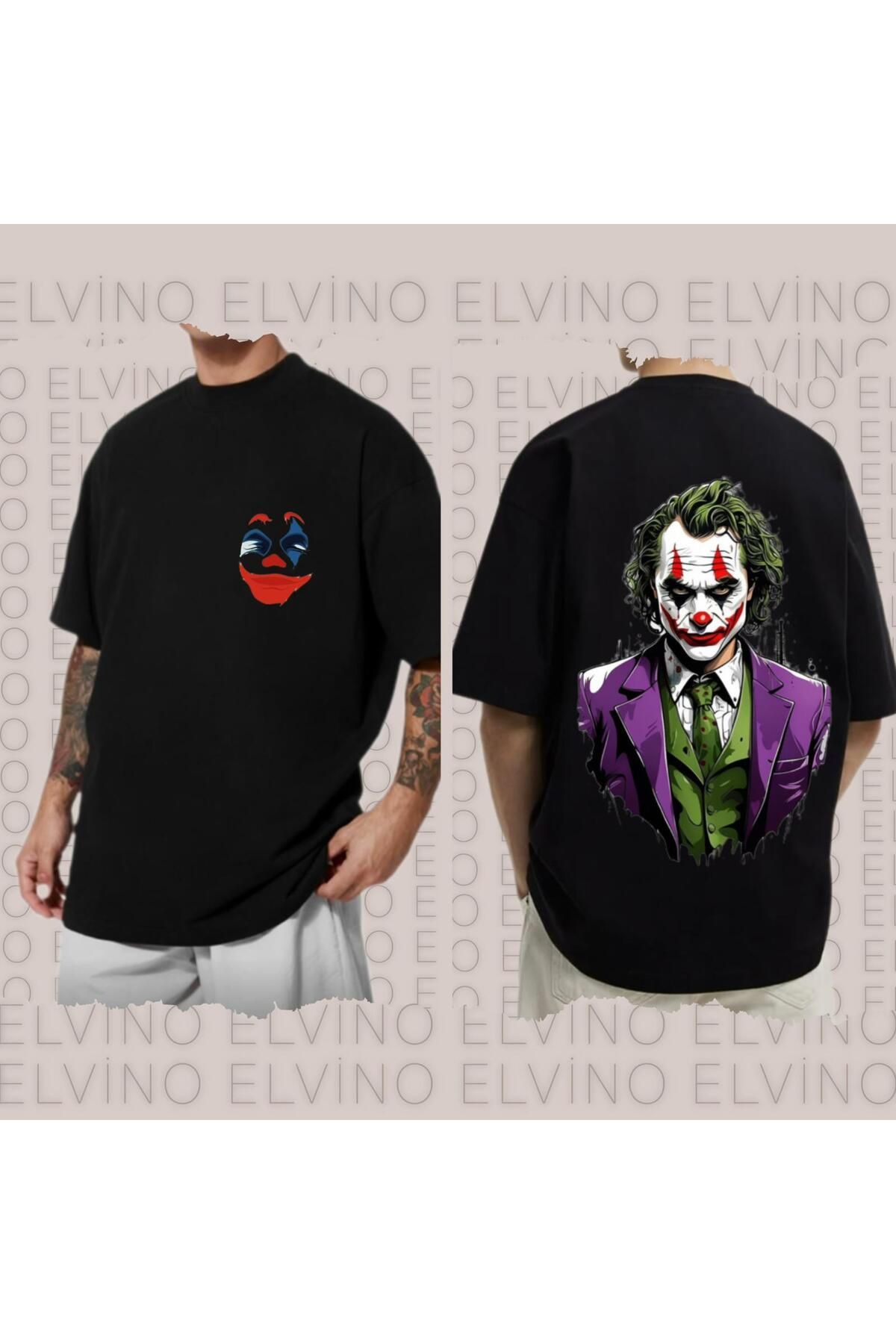 Elvino Joker Baskılı Oversize Unisex Kadın/Erkek Siyah Bisiklet Yaka Tshirt