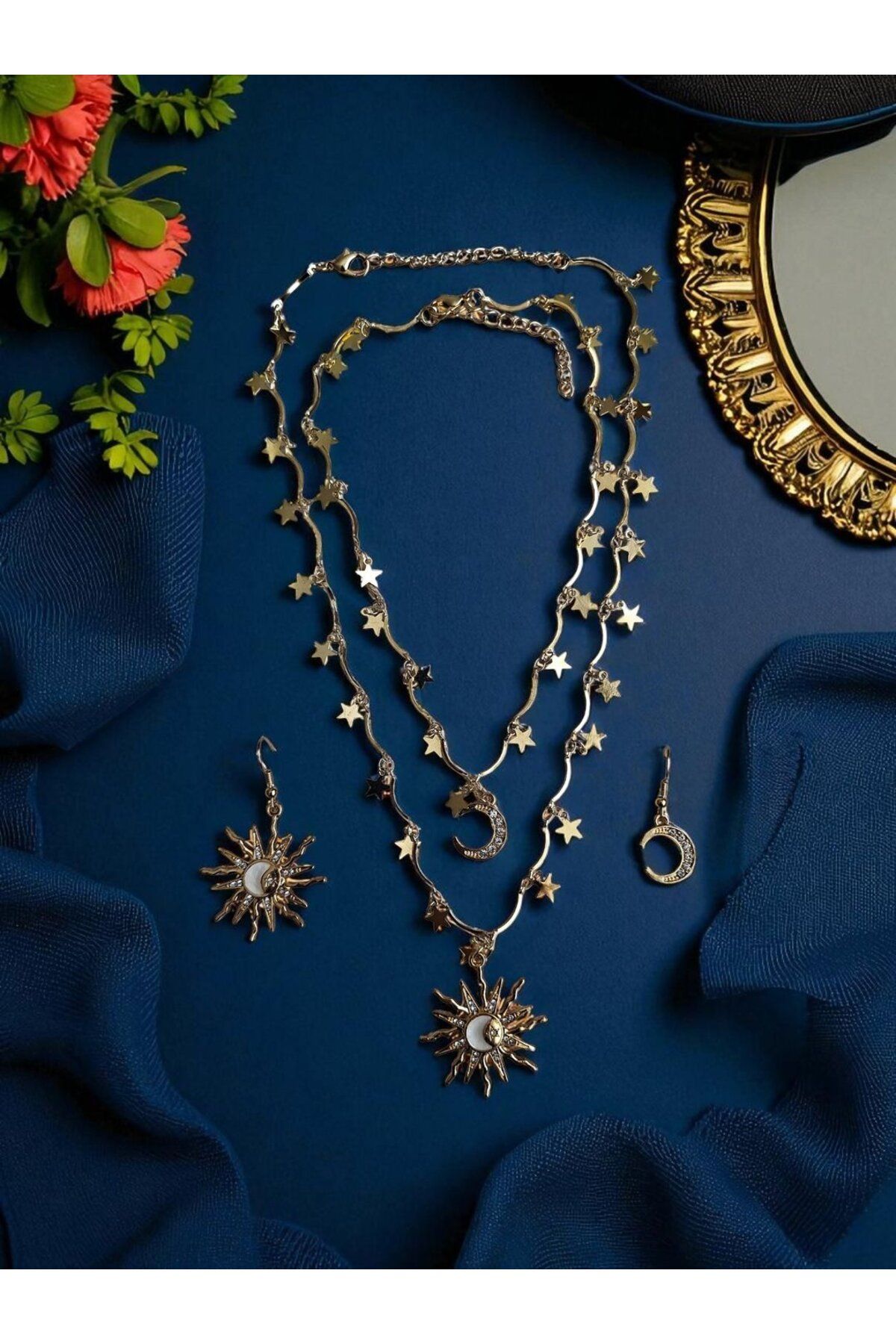 MIRADA JEWELRY Zirkon Taşlı Ay Yıldız Güneş Vintage Charm Kolye ve Küpe Seti