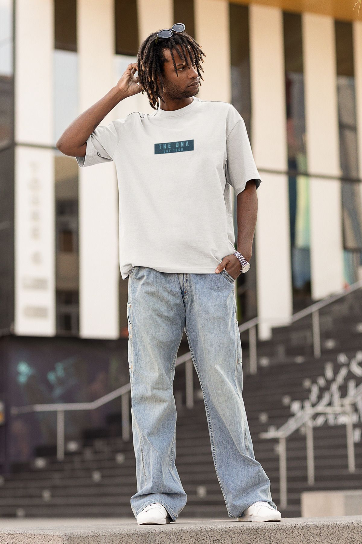 Uniquetex NUBENSE / DENPA-09 - Oversize Unisex DNA Baskılı Beyaz Bisiklet Yaka T-shirt (Bilim Tişört)
