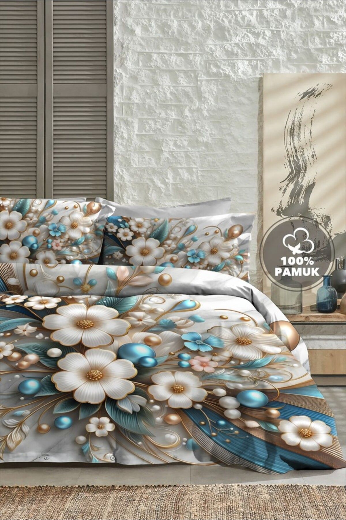 PerlaSera %100 PAMUK Ranforce Çeyizlik Luxury 5D Dijital Çift Kişilik Nevresim Takımı Blue Roses