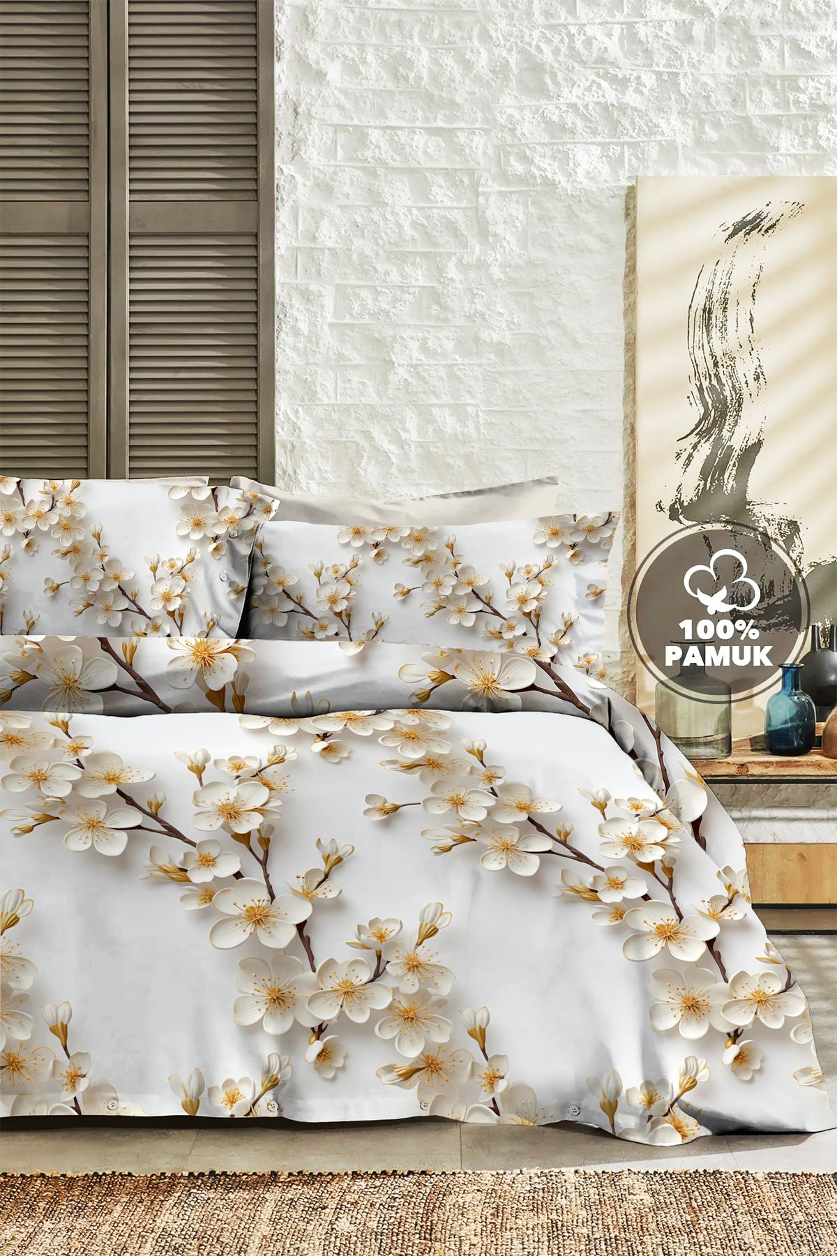 PerlaSera %100 PAMUK Ranforce Çeyizlik Luxury 5D Dijital Çift Kişilik Nevresim Takımı Papatya