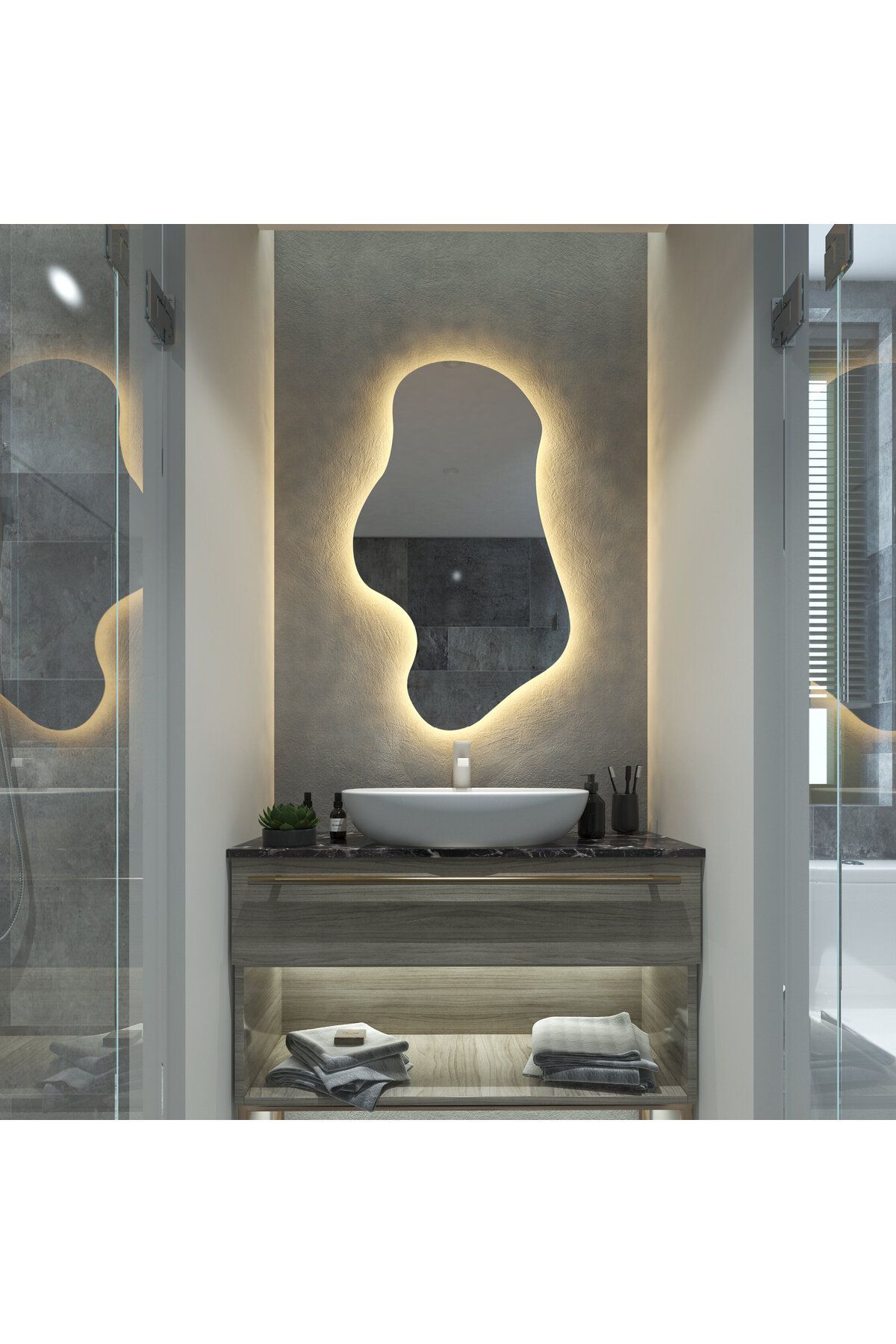 Aypars Atölye 40x68 Asimetrik LED Duvar Aynası – 3000K Gün Işığı ve 6500K Beyaz Işık Seçenekli Modern Banyo Ayna