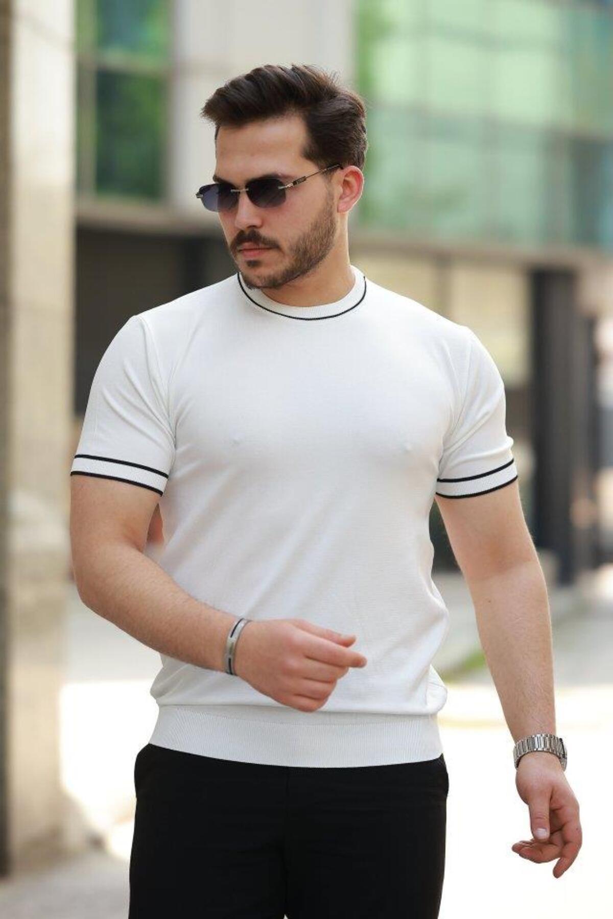 modamtn Erkek Bisiklet Yaka Ribanalı Kısa Kollu Tshirt