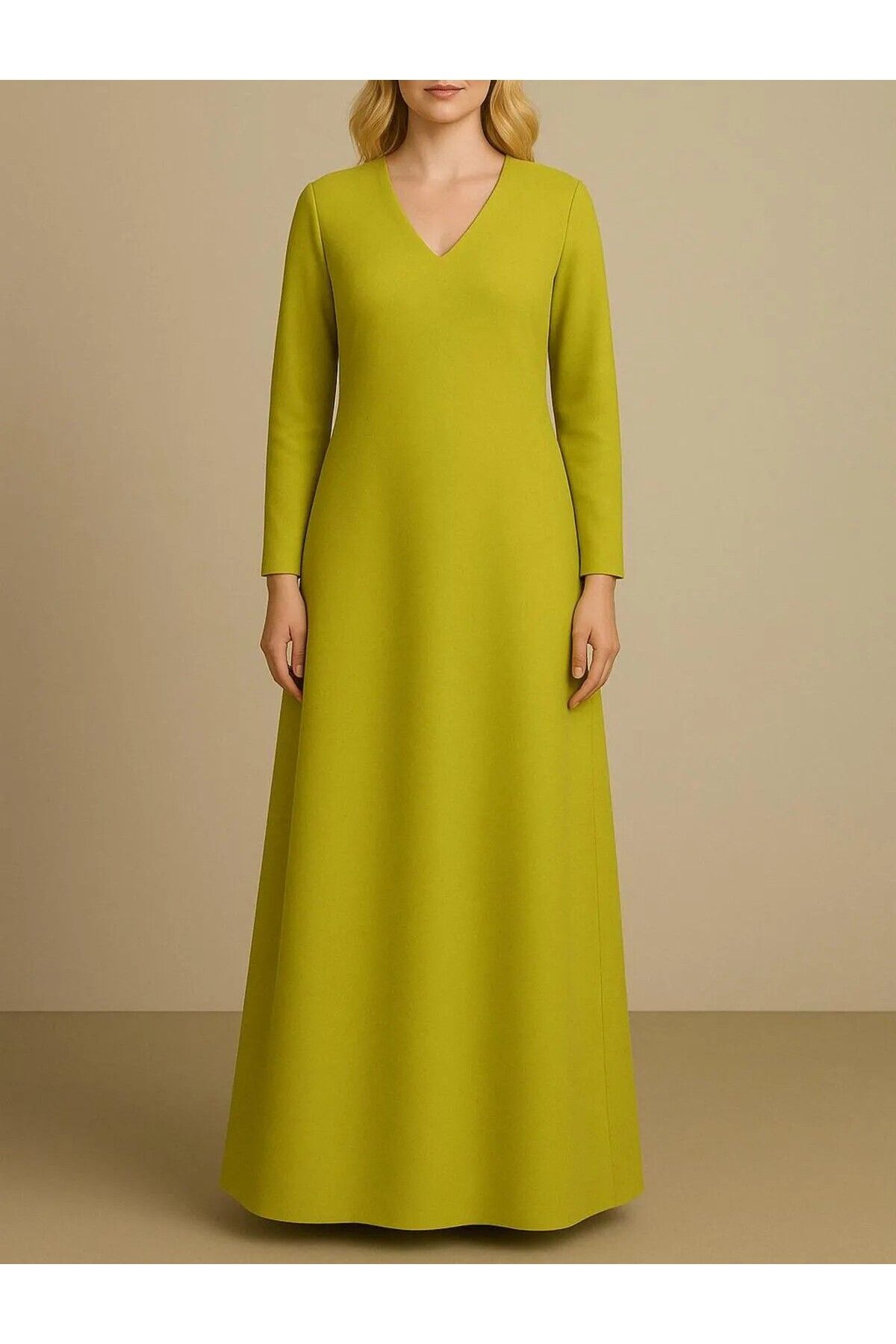 UNTIMELY V-Yakalı & Astarlı Regular Fit Lime Krep Maxi Elbise