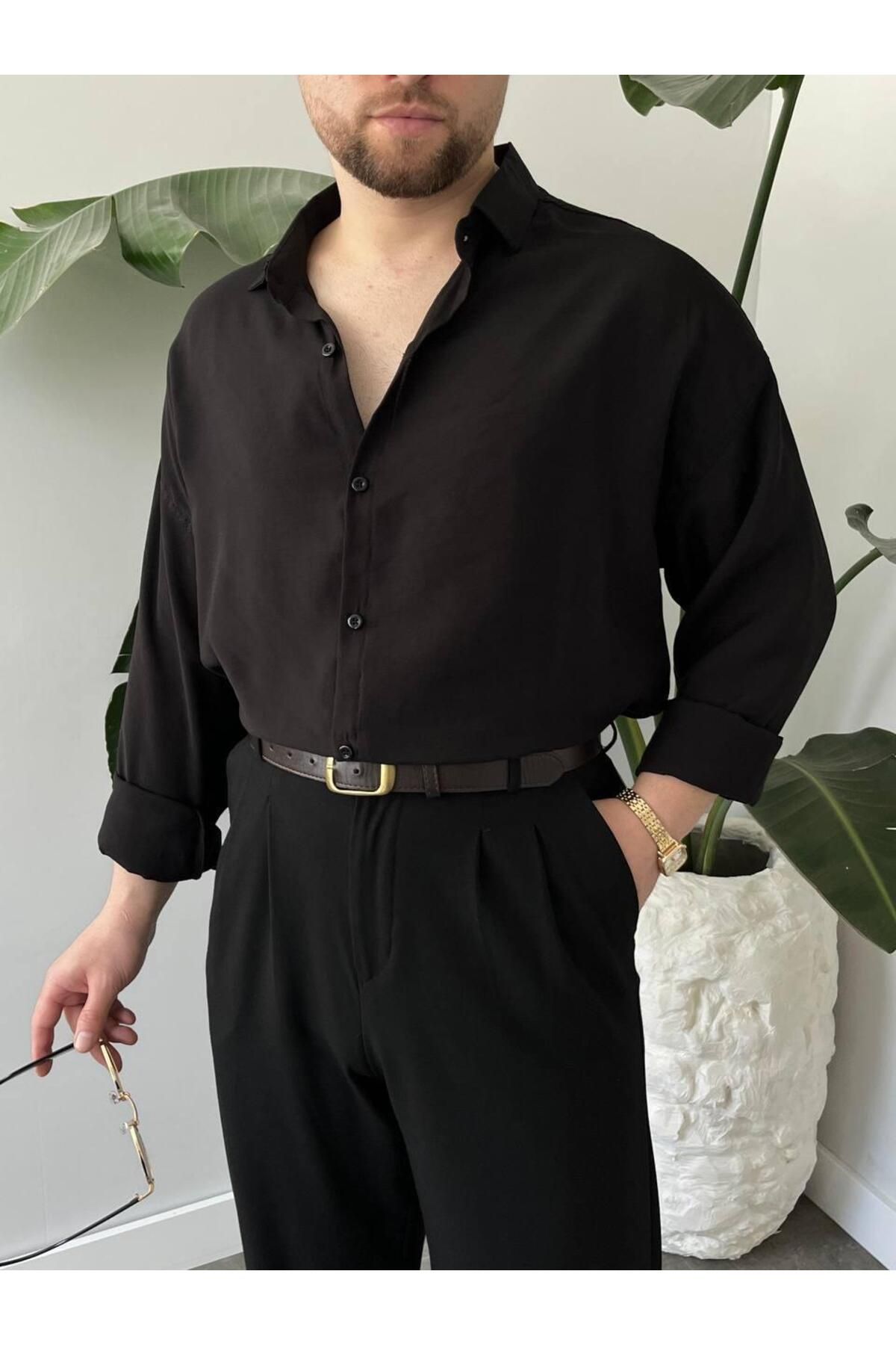 MODA MODAL SİYAH OVERSİZE GÖMLEK