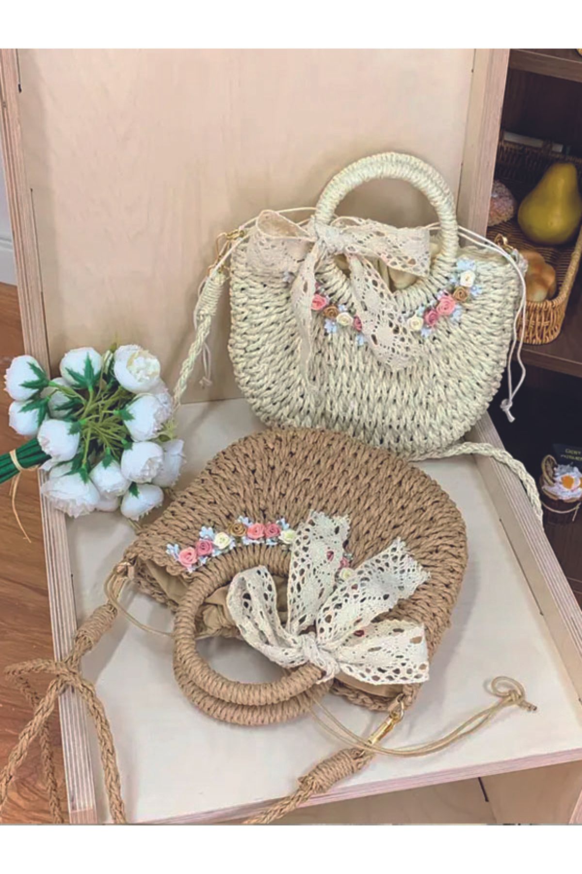 ÇANTA Kadın Plaj Omuz Çantası Çıkarılabilir Askılı/Sling Tasarım, Günlük Tatil, Çiçek Süsleme Hasır Çanta