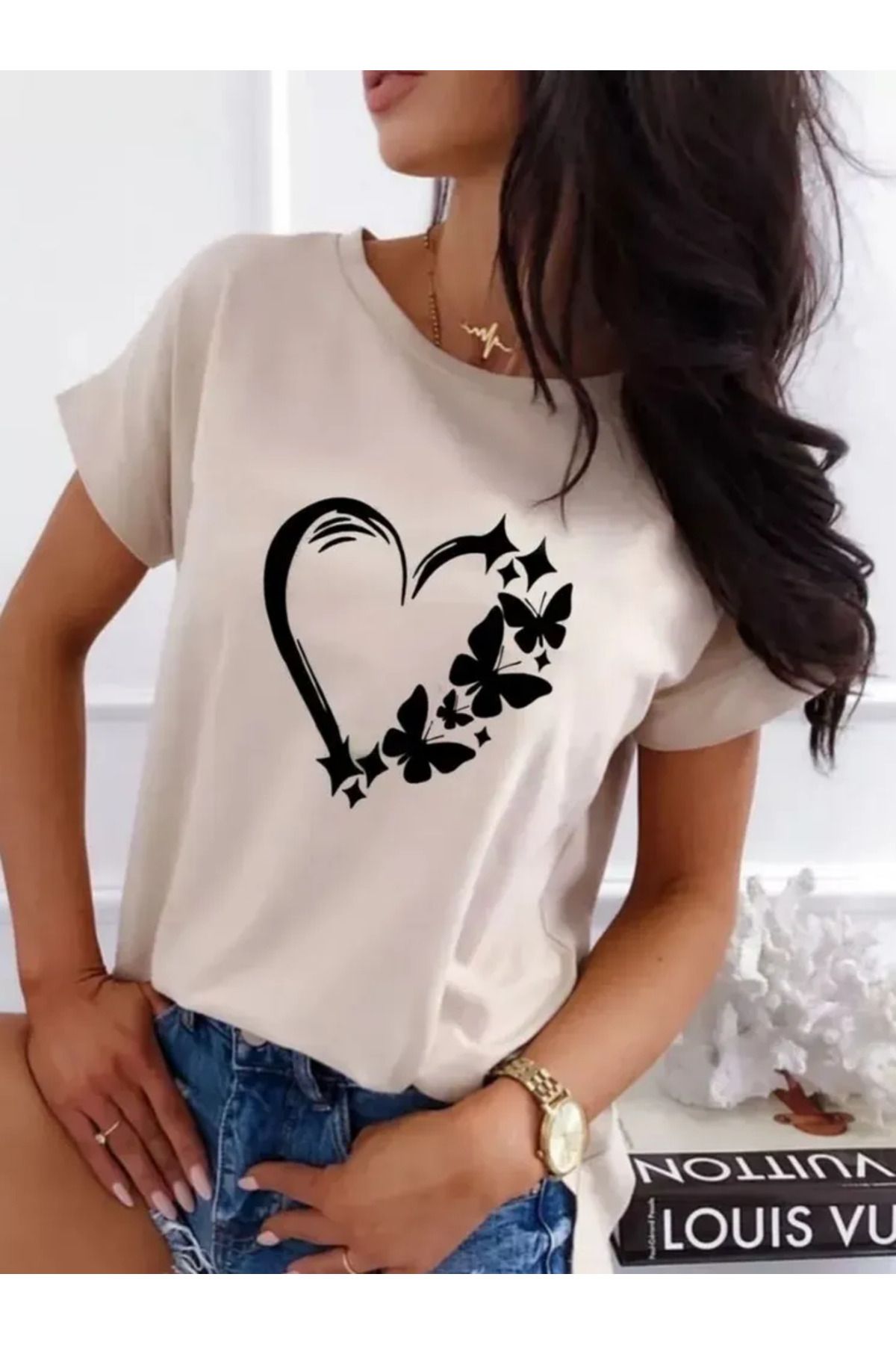 CLASİVA Kalp Baskılı Unisex Oversize Bisiklet Yaka T-shirt