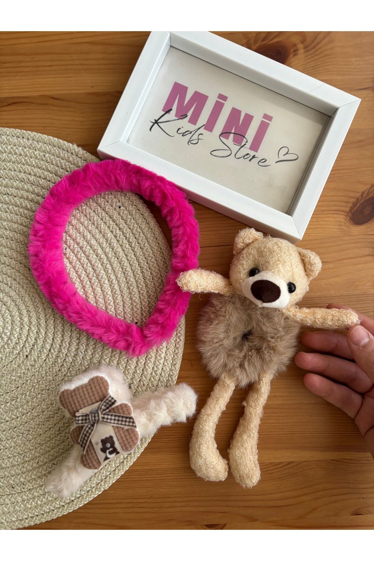 minikidsstore 3’lü Ayı Figürlü Peluş Taç,Mandal,Lastik Toka Seti