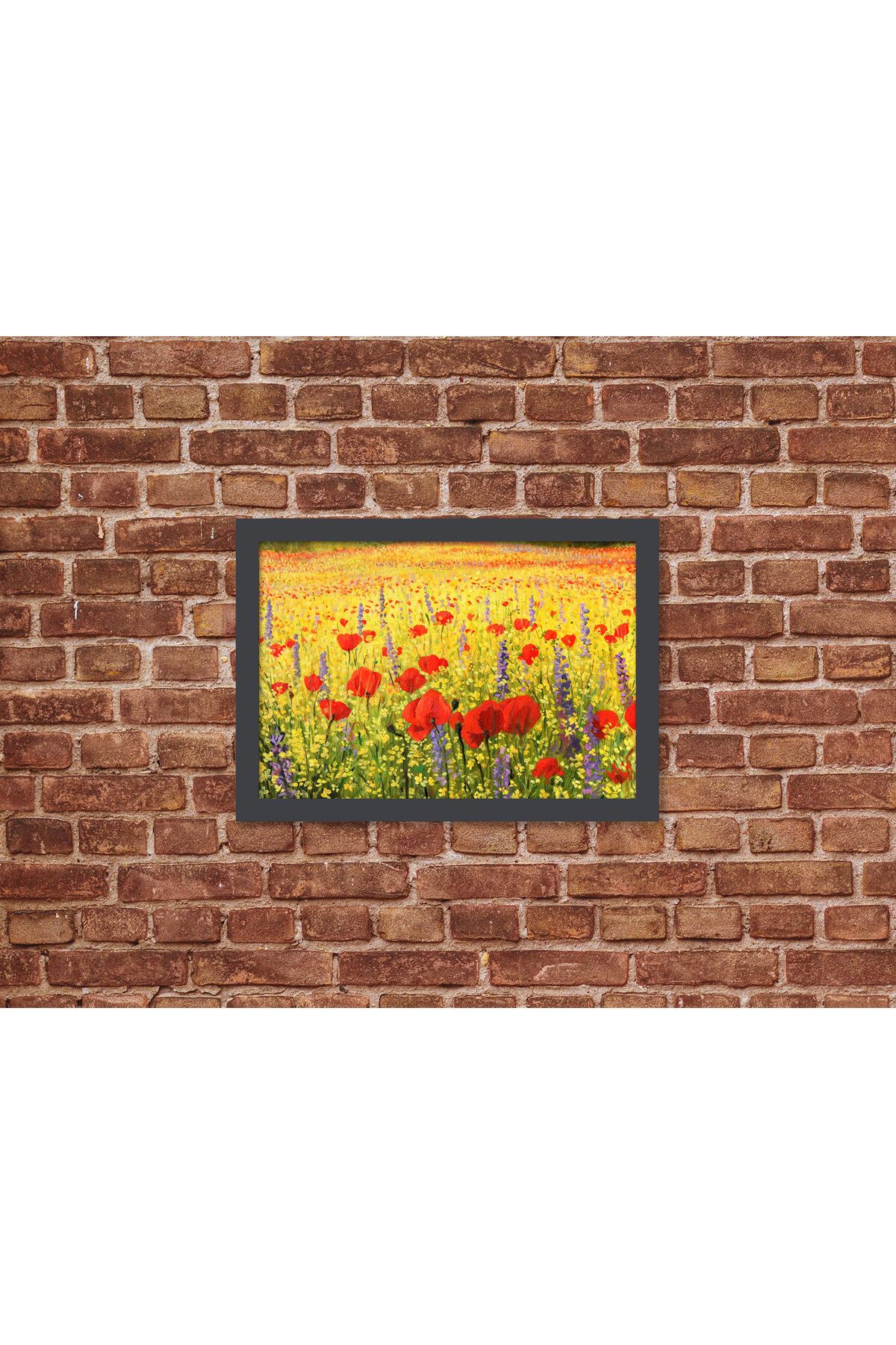Letbil Reklam Ahşap Kendinden Çerçeveli Tablo -Yağlı Boya Gelincik Çiçeği Bahçesi, Standart - 20x28cm