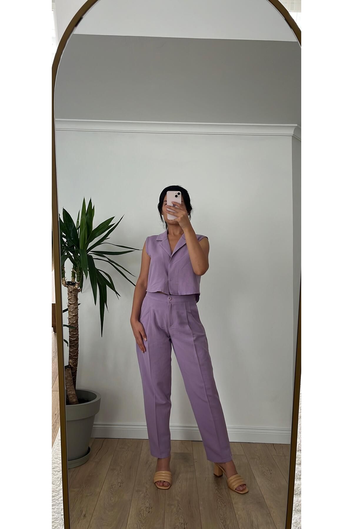 Bronze Butik Lila Çıt Çıt Detaylı Yelek Pantolon Takım