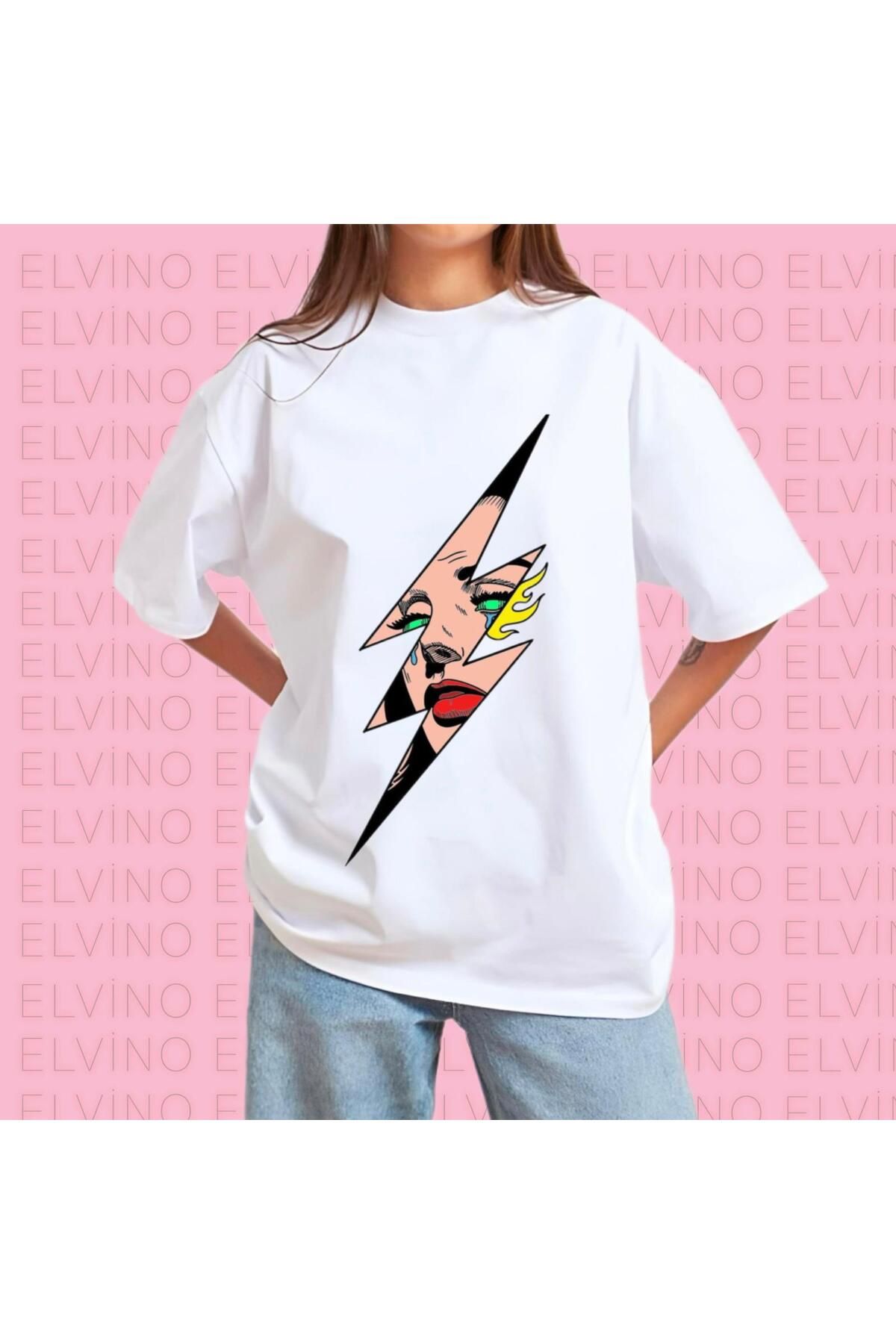 Elvino Yeni Tasarım Baskılı Oversize Unisex Kadın/Erkek Bisiklet Yaka Pamuklu Tshirt
