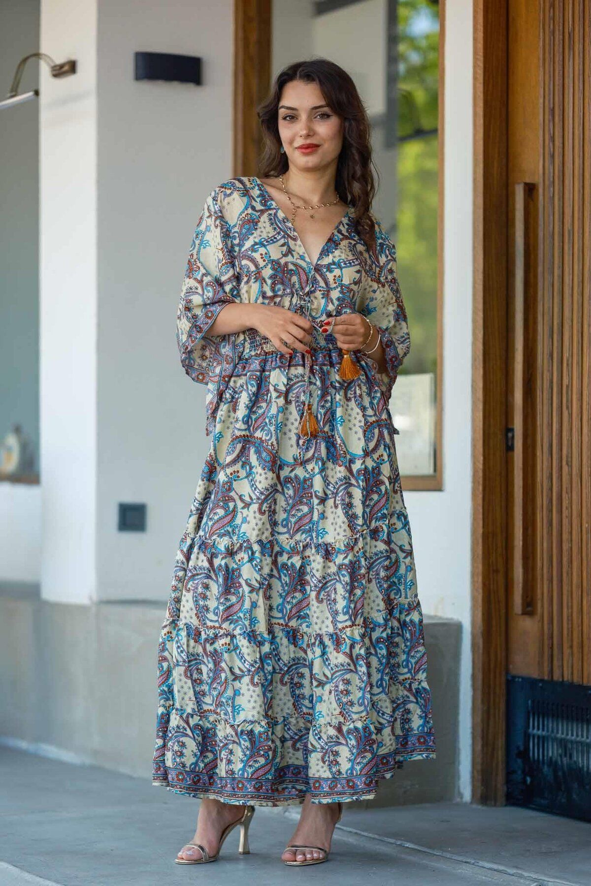 Miss Boheme Bordo Renk Bağlama Detaylı Yarım Kollu Uzun İpek Elbise