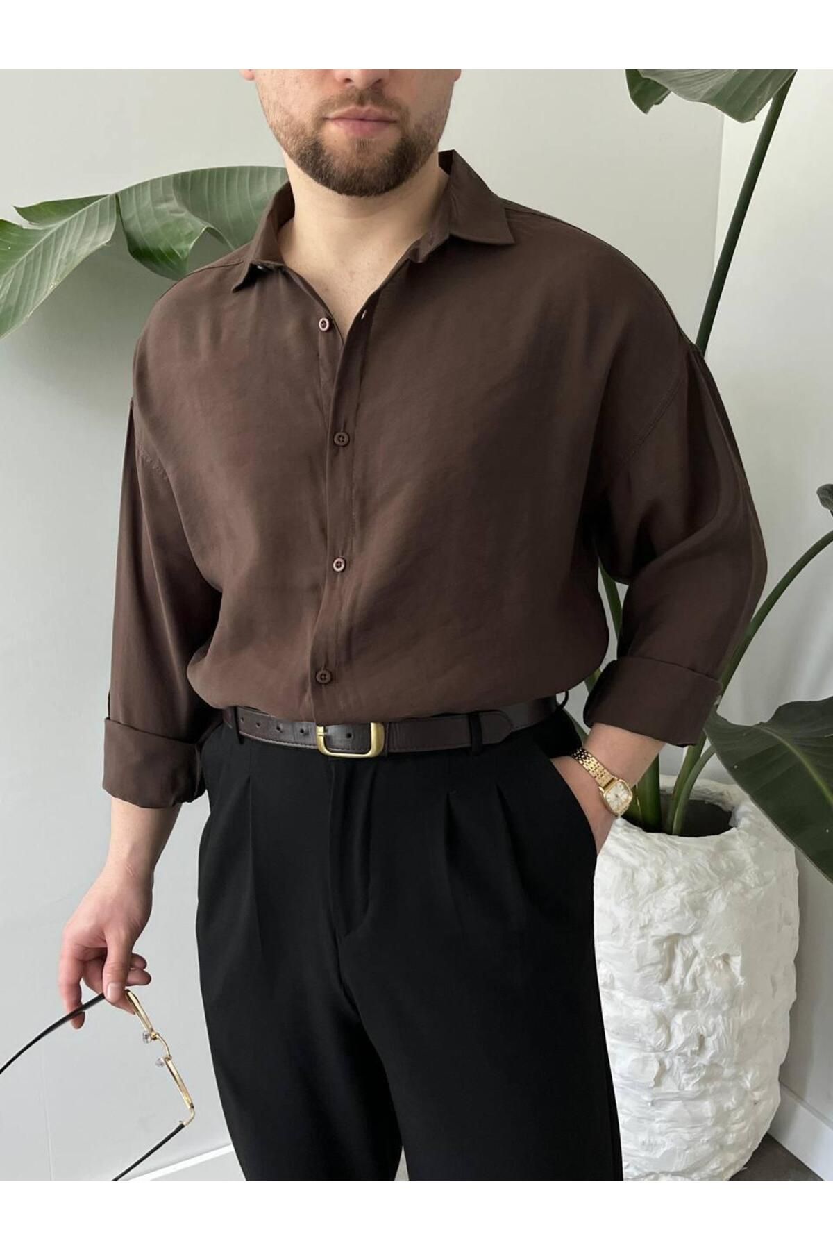 MODA MODAL ACI KAHVE OVERSİZE GÖMLEK