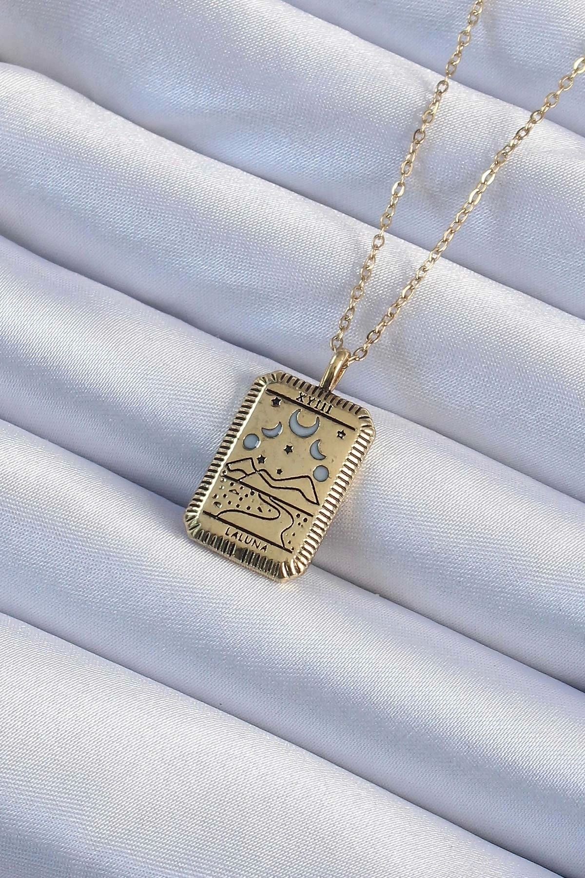 shopwave 316L Çelik Zincir Eskitme Altın Renk Ay Figürlü Tarot Kolye