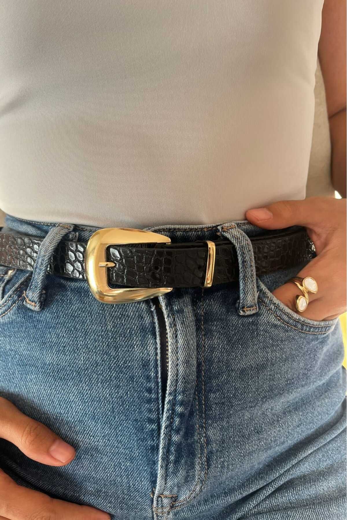 LA FANİL Gold Toka Diba Desenli Siyah Kadın Kemeri