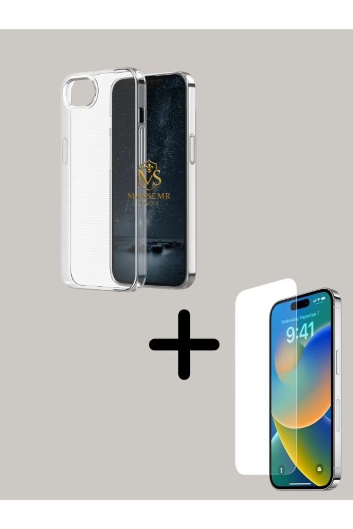 Massemr iPhone 16E Uyumlu Şok Emici Şeffaf Kılıf + HD 9H Cam Ekran Koruyucu – Tam Koruma Seti