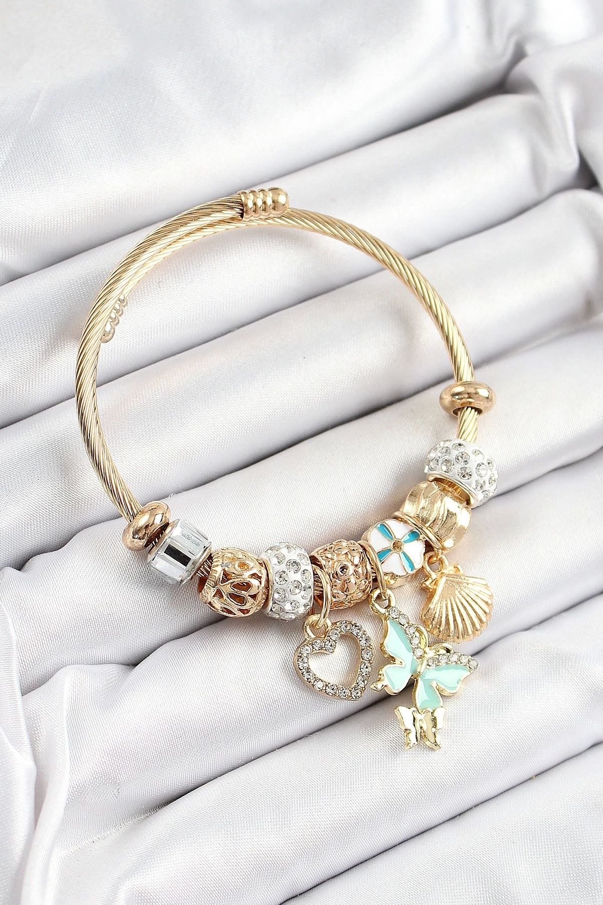 Clariss 316L Çelik Mavi Zirkon Taşlı Kalp Kelebek Ve İstiridye Model Gold Renk Charm Bileklik