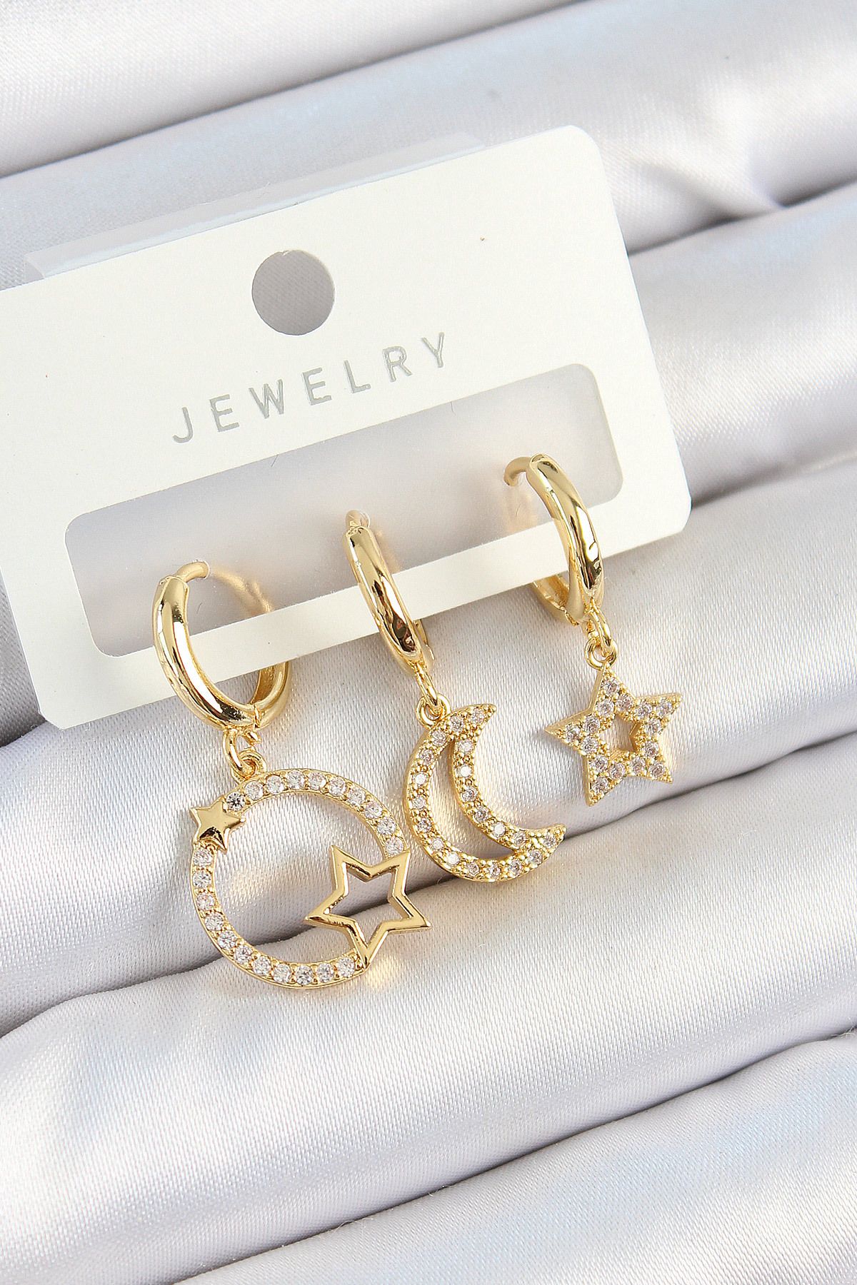 AfraBeauty 925 Ayar Paslanmaz Çelik Yıldız Ay Zirkon Gold 3'lü Kadın Küpe Seti