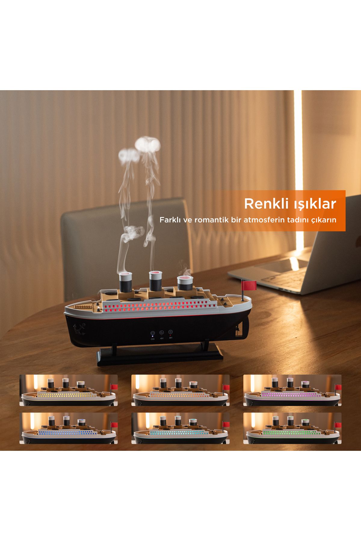 Mavi Keys Titanik Tasarımlı Jellyfish Buhar Efektli Aroma Difüzörü – Renkli Işıklı & Esans Uyumlu