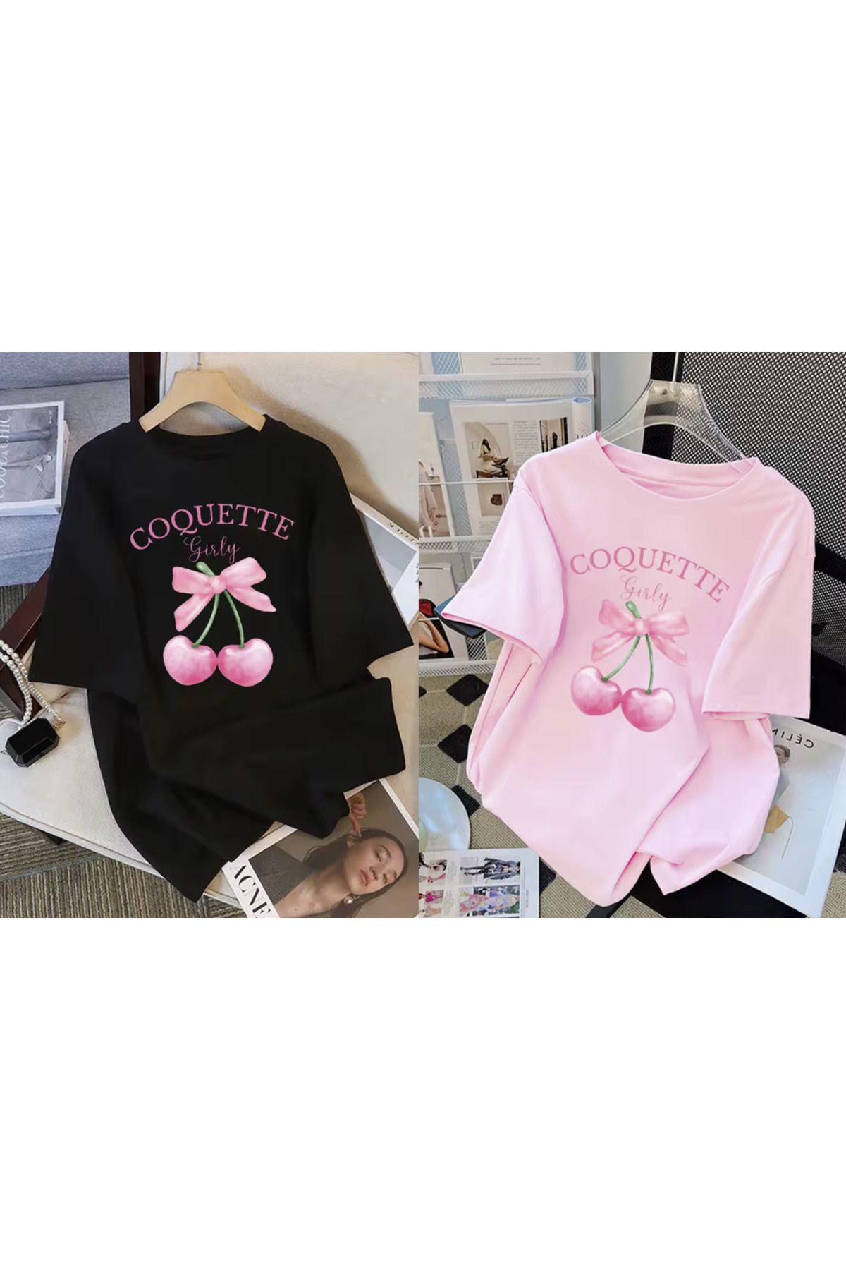 LG LAGULER VESTITI COQUETTE KİRAZ BASKILI PEMBE VE SİYAH YAZLIK OVERSİZE PENYE TİŞÖRT