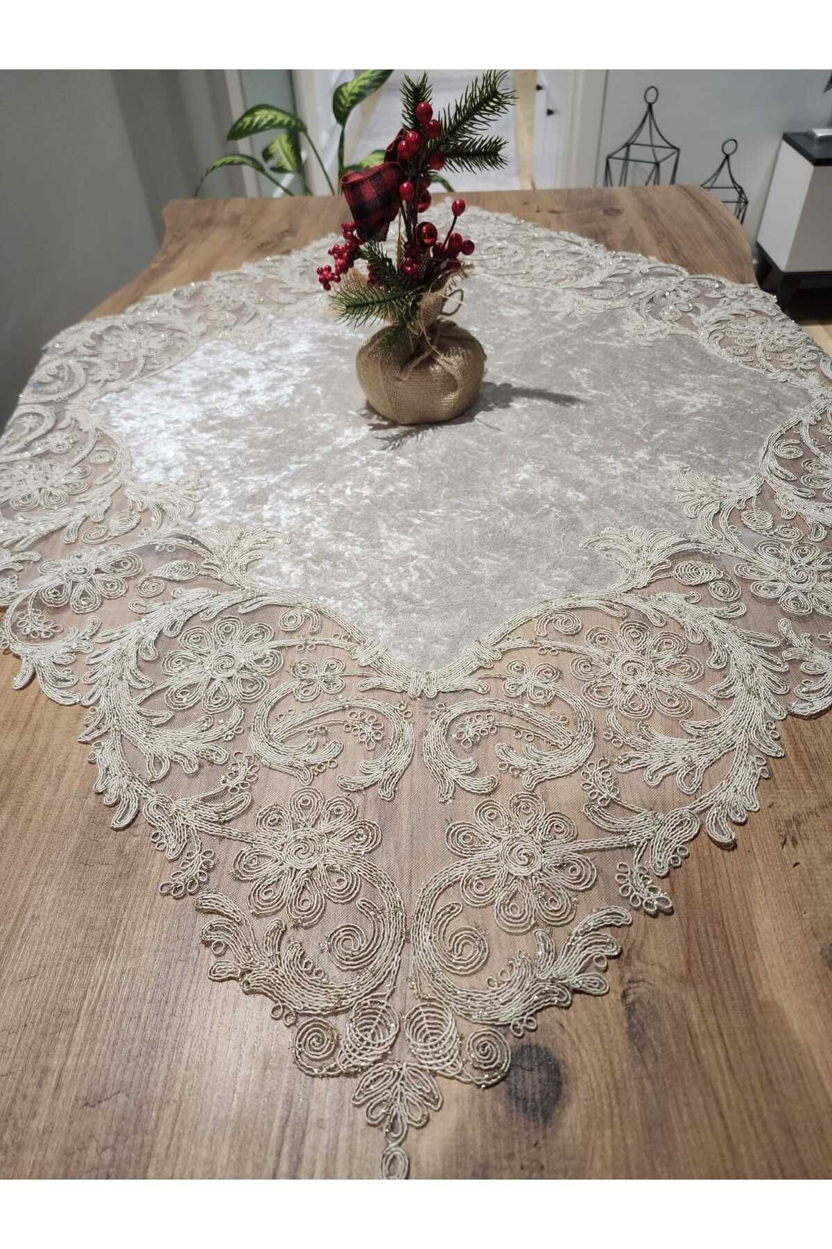 YALINSHOME lüx masa örtüsü fiskos örtüsü gold simli bej kadifeli (sütlü kahve) 90x90cm
