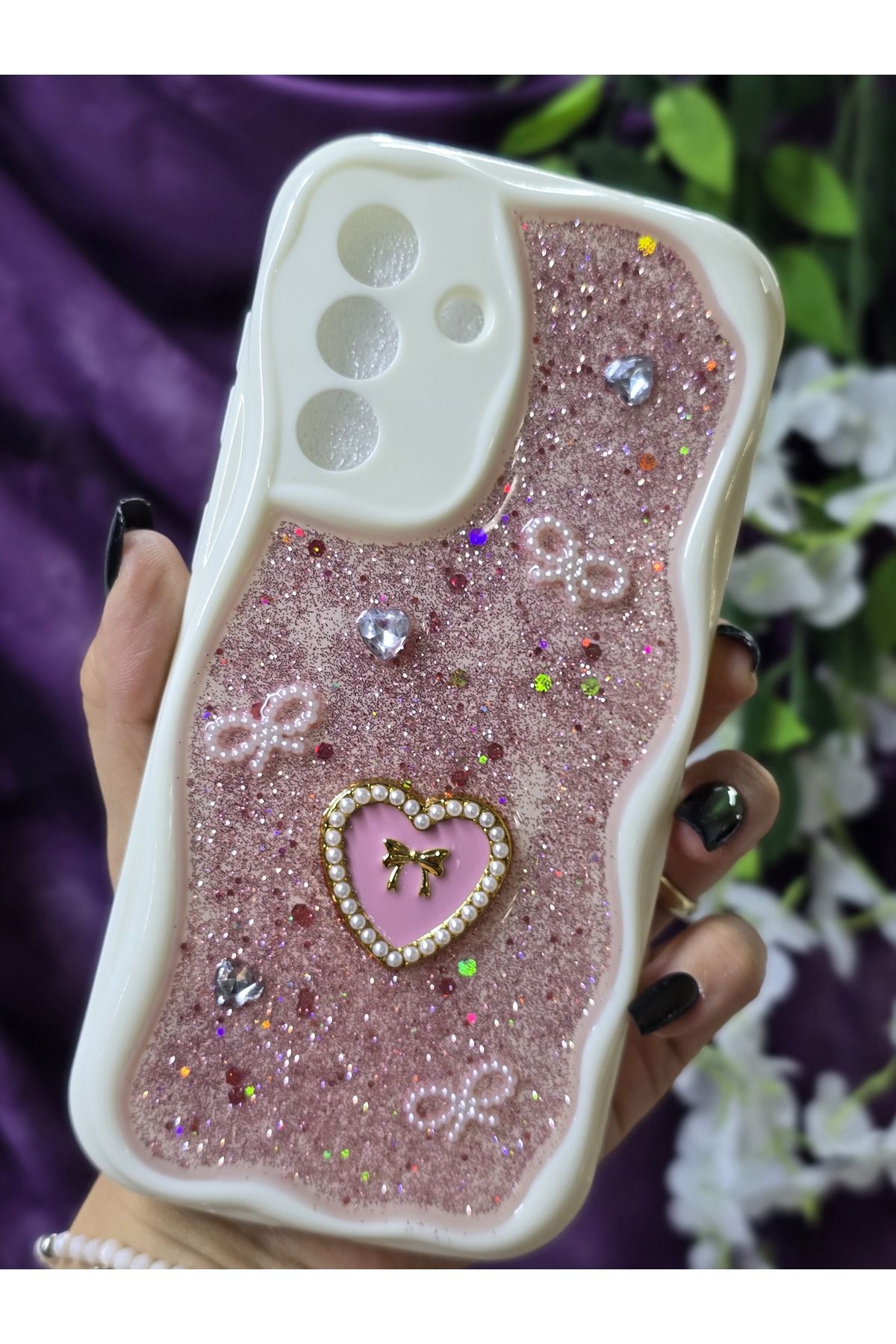 Magic Ring Samsung Galaxy A36 Uyumlu Kalpli Pembe Simli İnci ve Kurdele Detaylı Şık Telefon Kılıfı