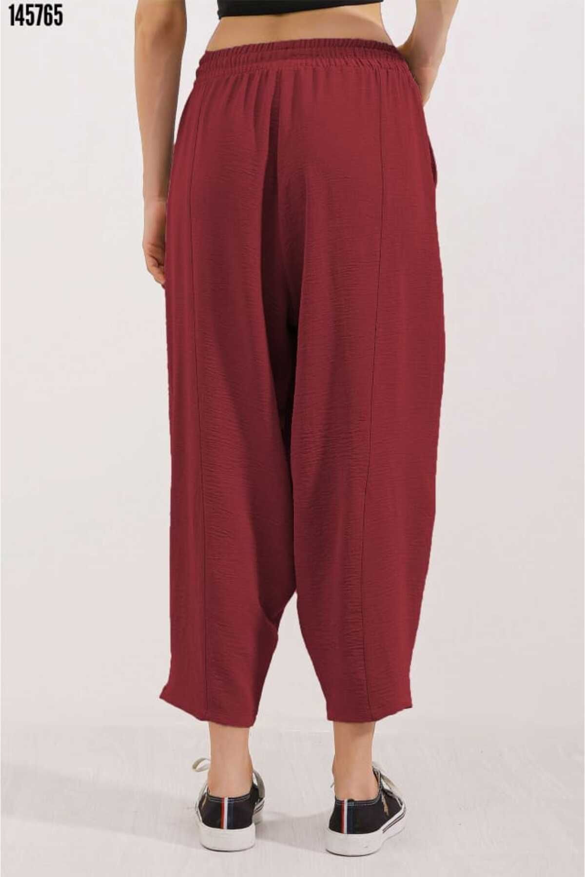 Cbm 6591 Dokuma Şalvar Pantolon - Bordo Kırmızı Gül Figürlü Kolye hediye