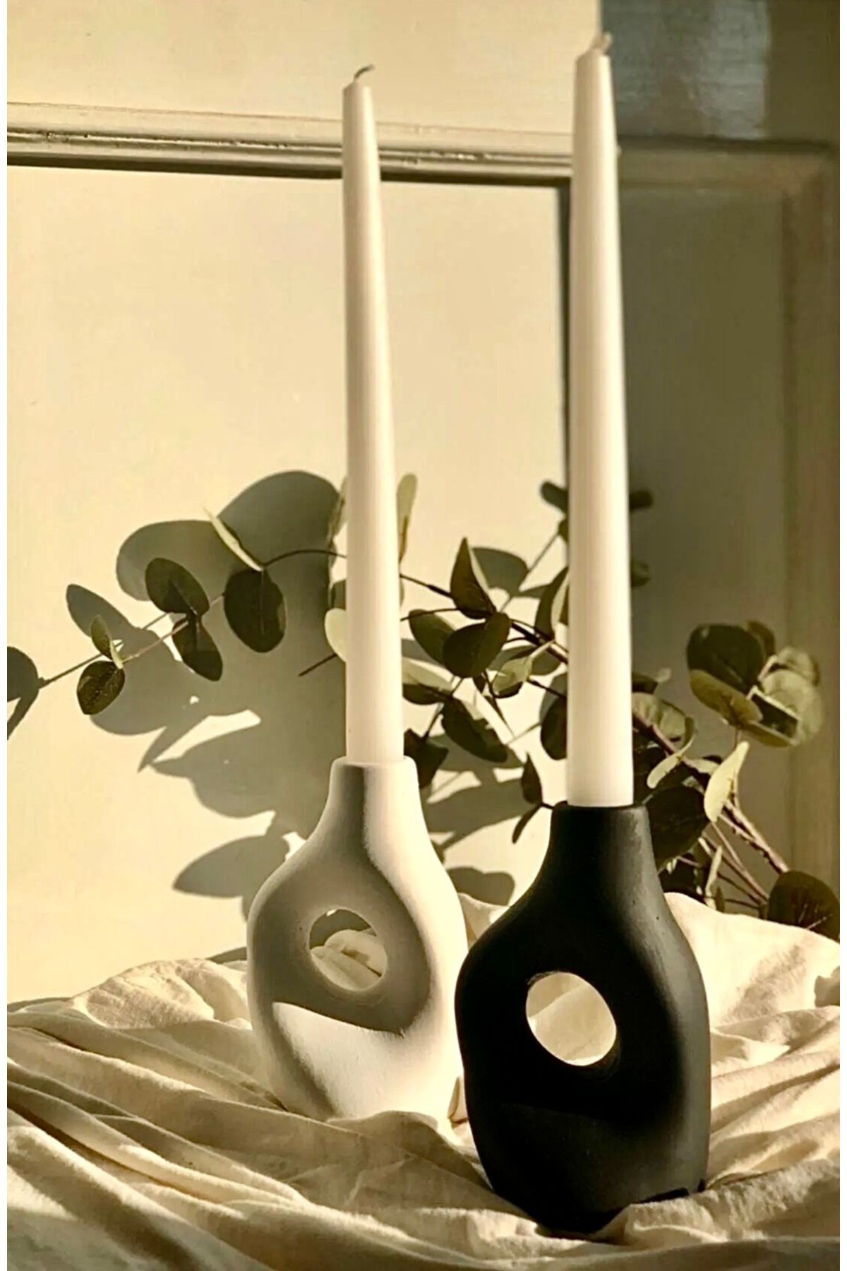 thiramis homeconcept İskandinav 2’Li Şamdan&Mumluk Siyah Beyaz