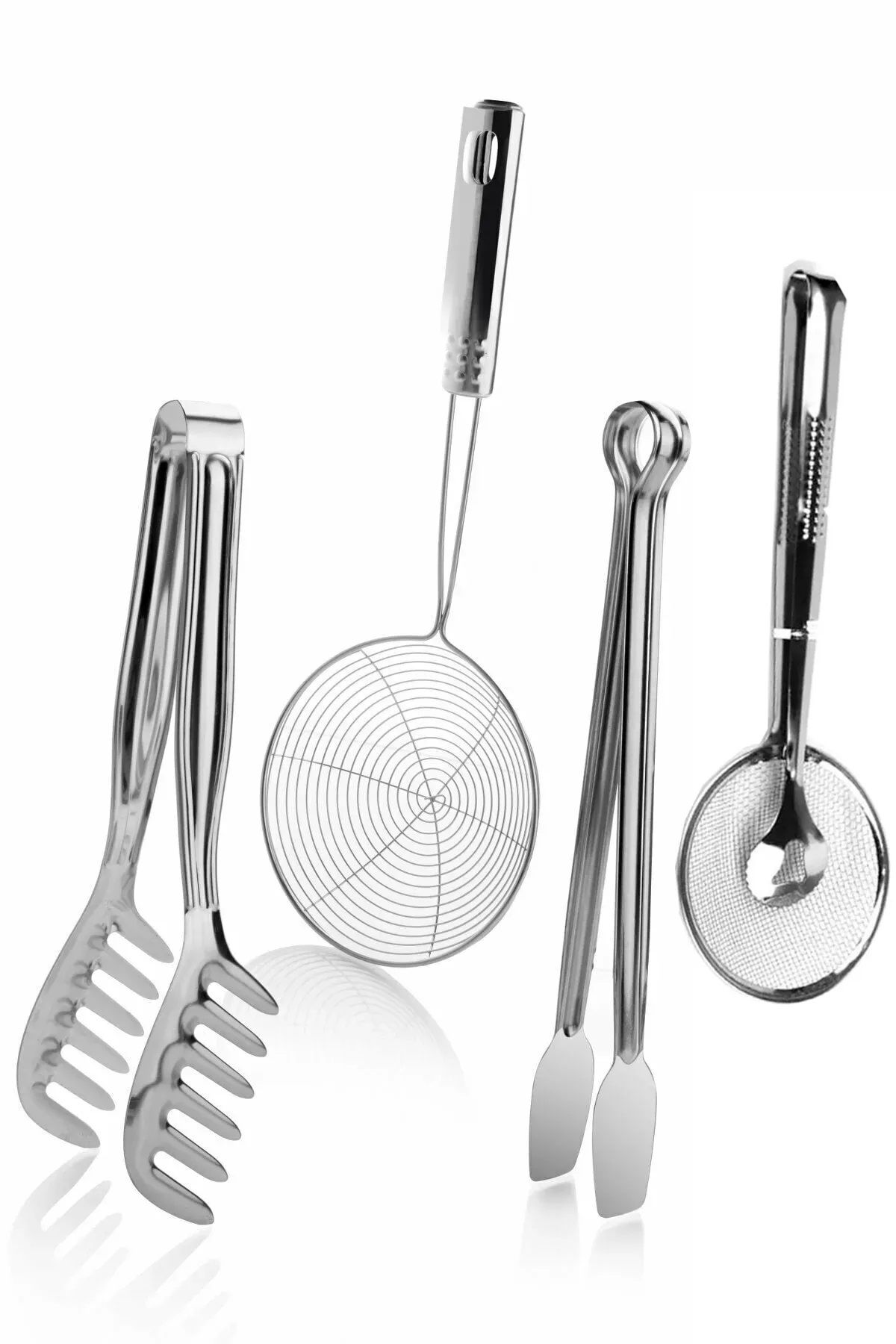 Kitchen Damys Paslanmaz Çelik 4'lü Mutfak Seti / 4'lü Maşa Kızartma Maşası Kevgir Seti