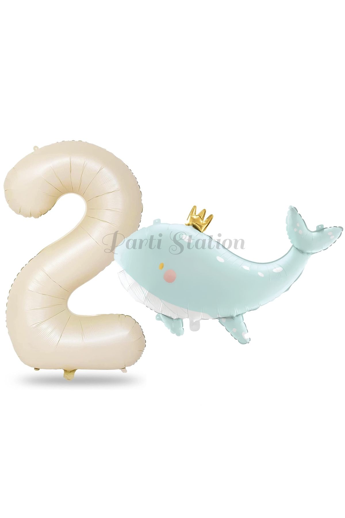 Partifest Sevimli Yeşil Balina 2 Yaş Balon Set Deniz Okyanus Canlıları Konsept Balon ve Krem Rakam Balon