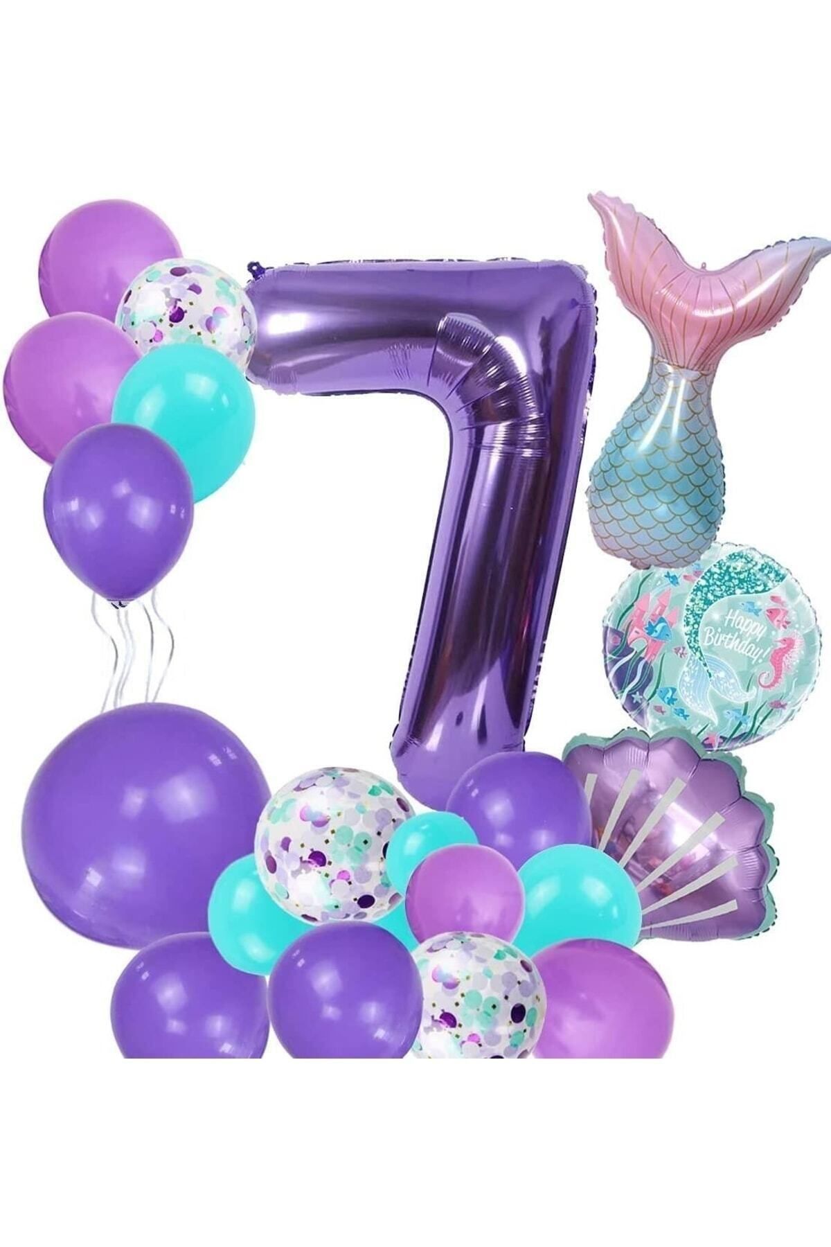 Partifest Mor Rakam Balon 7 Yaş Deniz Kızı Temalı Doğum Günü Parti Kutlama Seti Konsept 1