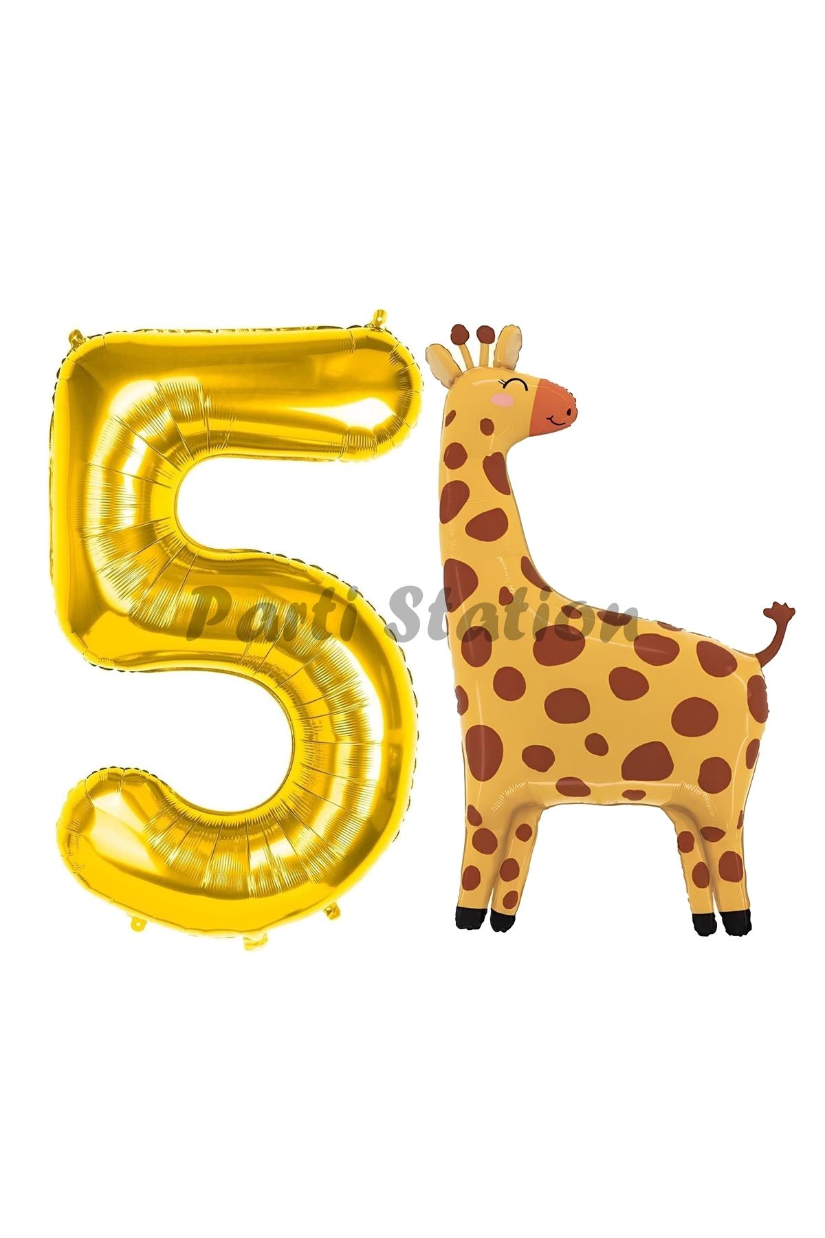 Partifest Safari Zürafa Balon 5 Yaş Balon Set Safari Konsept Sevimli Zürafa Balon ve Gold Renk Rakam Balon