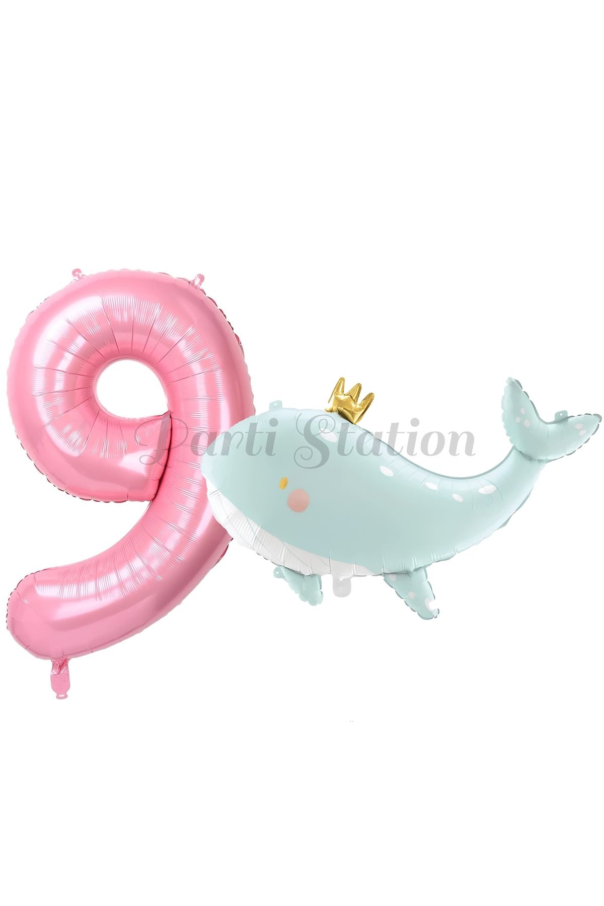 Partifest Sevimli Yeşil Balina 9 Yaş Balon Set Deniz Okyanus Canlıları Konsept Balon ve Pembe Rakam Balon