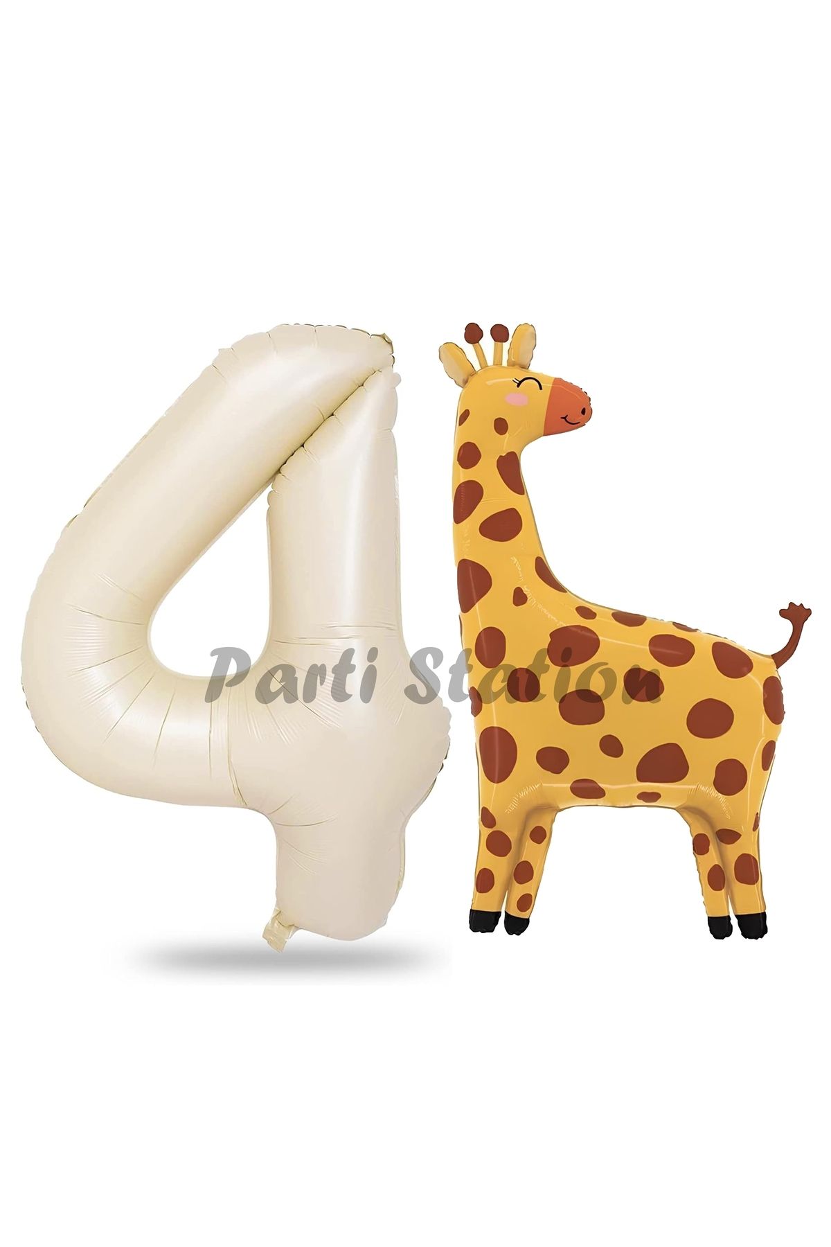 Partifest Safari Zürafa Balon 4 Yaş Balon Set Safari Konsept Sevimli Zürafa Balon ve Krem Renk Rakam Balon