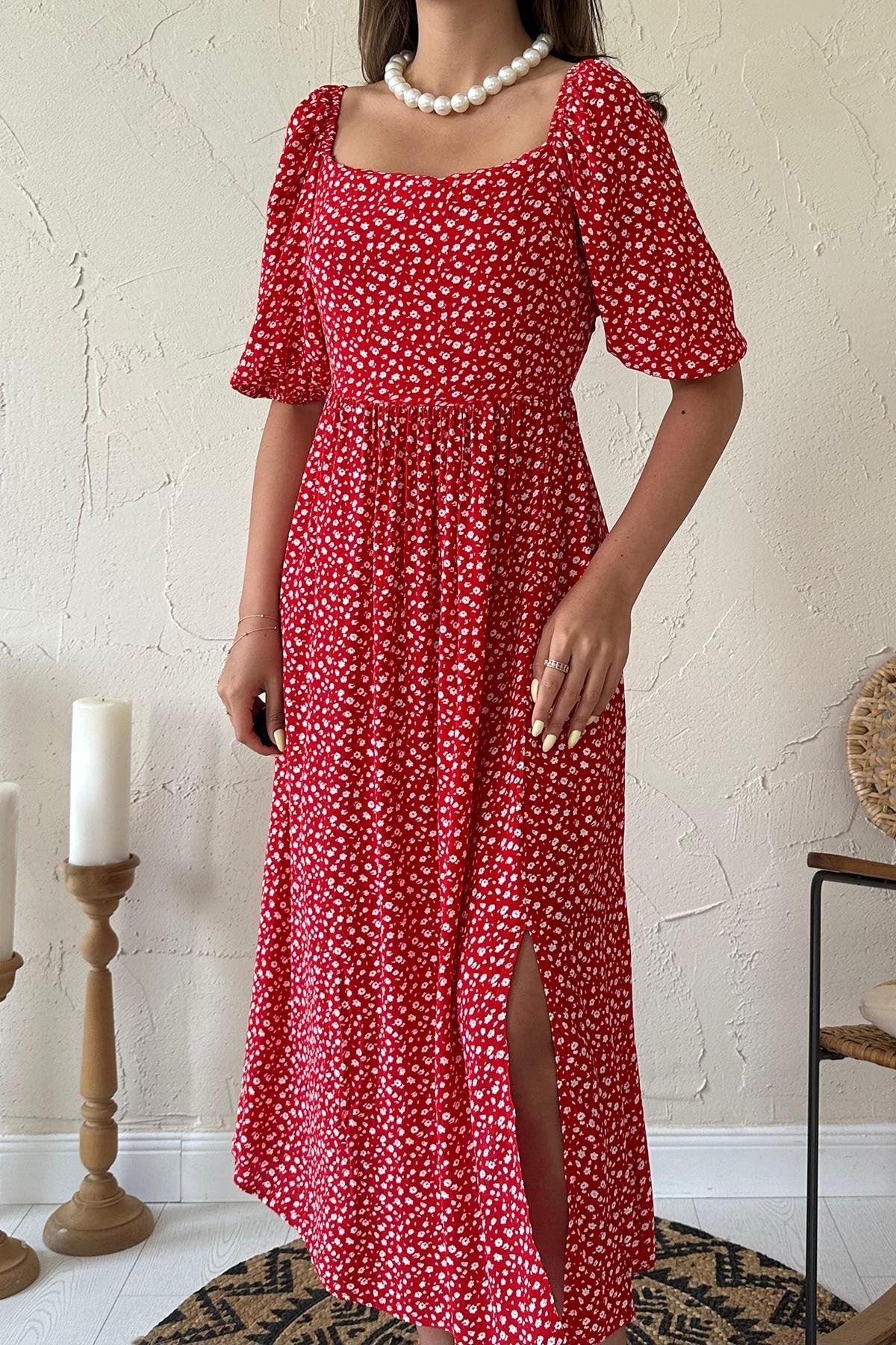sharin Kadın Yazlık Kırmızı Çiçek Desenli Sırt Dekolteli Midi Boy Elbise 11B-6940