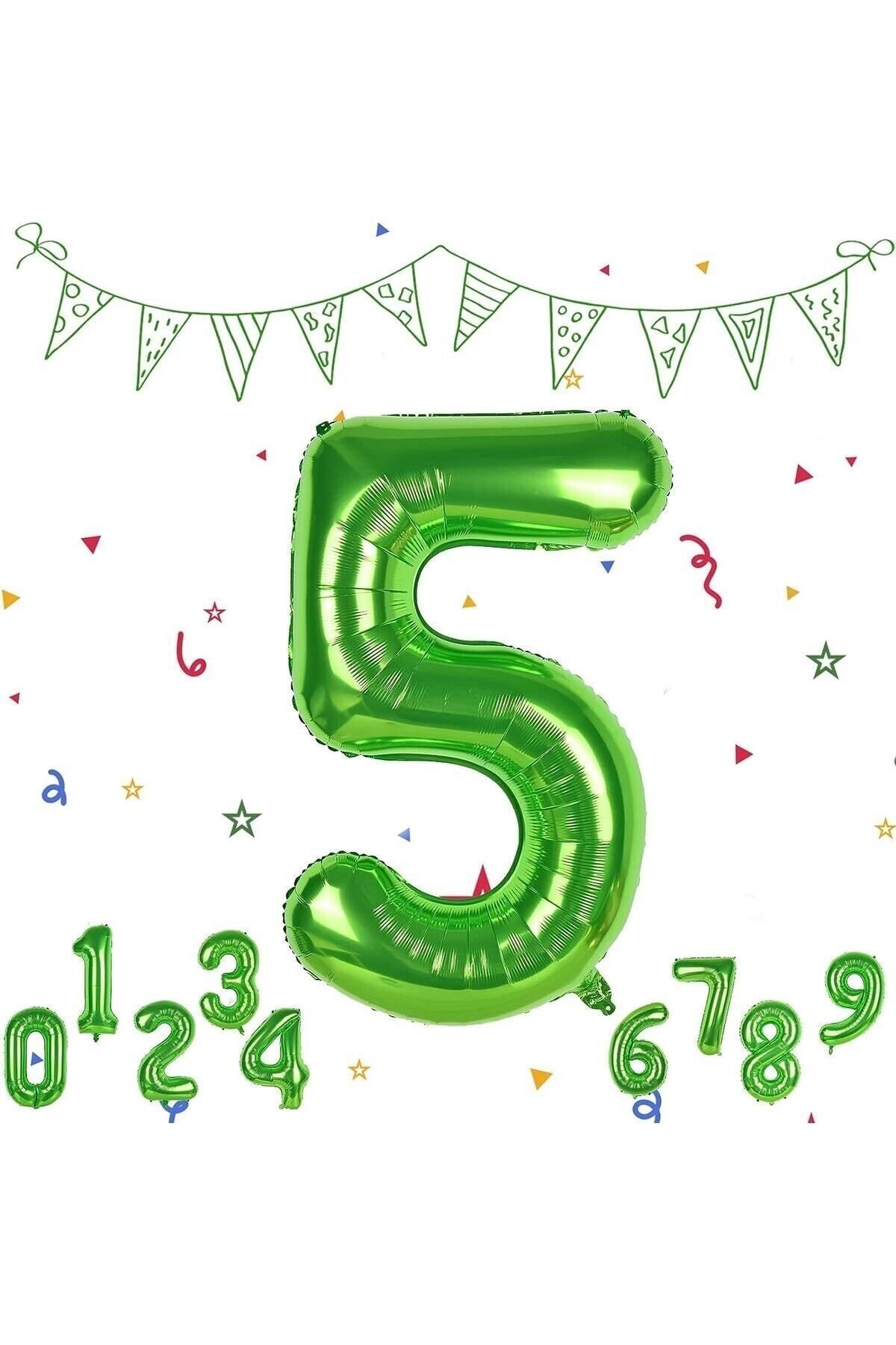 Partifest 5 Yaş Yeşil Renk Rakam Folyo Balon 5 Beş Rakam Yeşil Renk Helyum Uçan Folyo Balon Rakam Balon
