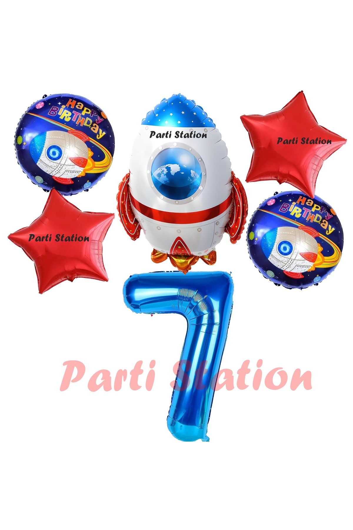 Partifest Uzay Konsept Roket Balon 7 Yaş Doğum Günü Set Uzay Konsept Balon Rakam Balon Set