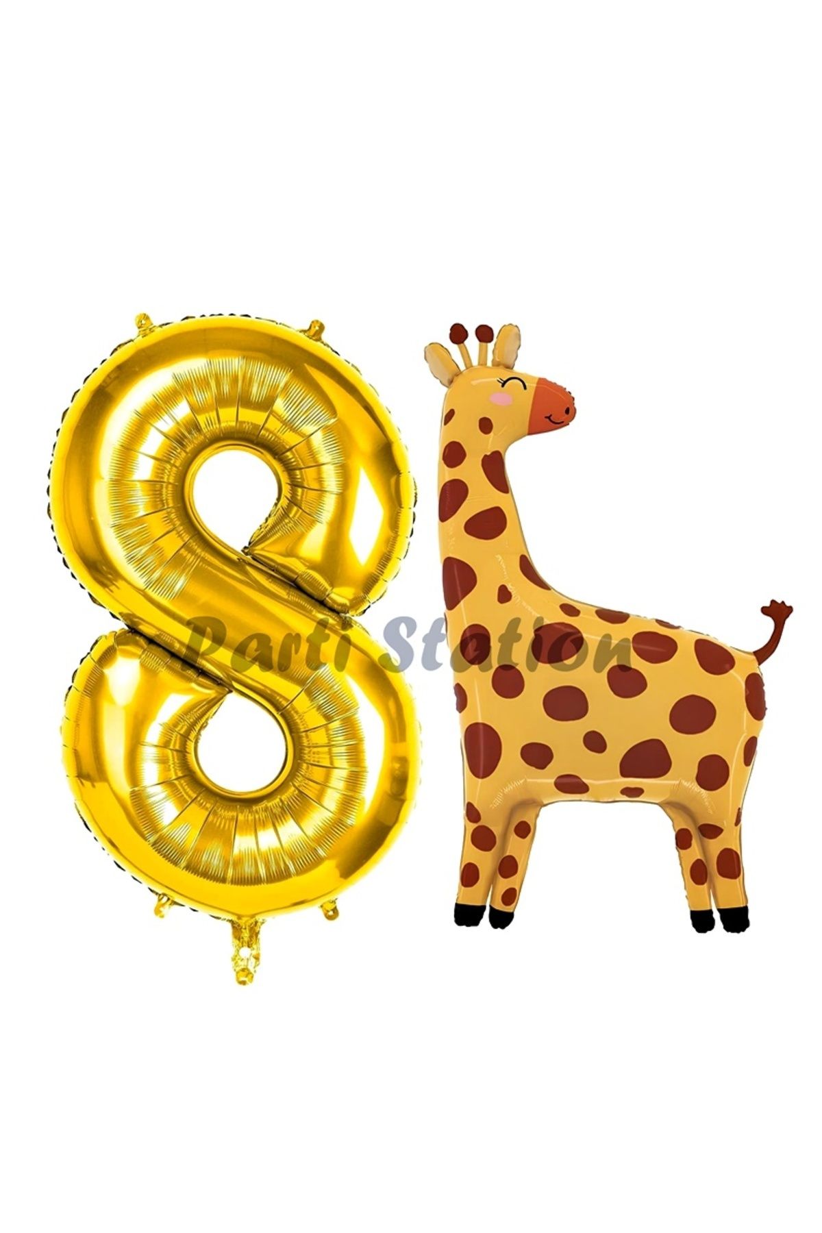 Partifest Safari Zürafa Balon 8 Yaş Balon Set Safari Konsept Sevimli Zürafa Balon ve Gold Renk Rakam Balon