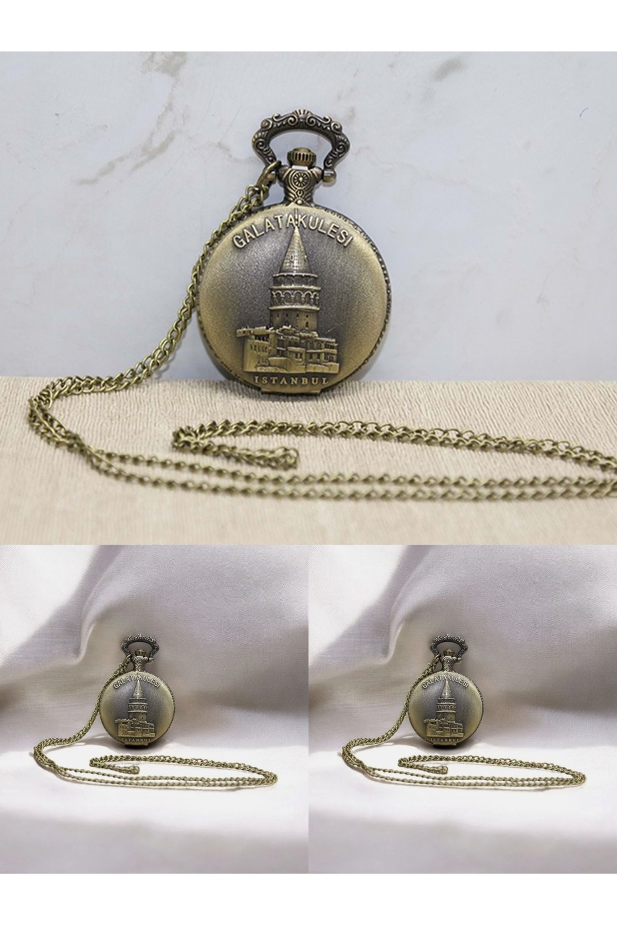 Wolawood Nostaljik Galata Kulesi Köstekli Cep Saati Osmanlı Tarzı Vintage Metal Zincirli Antik Saat Özel Seri