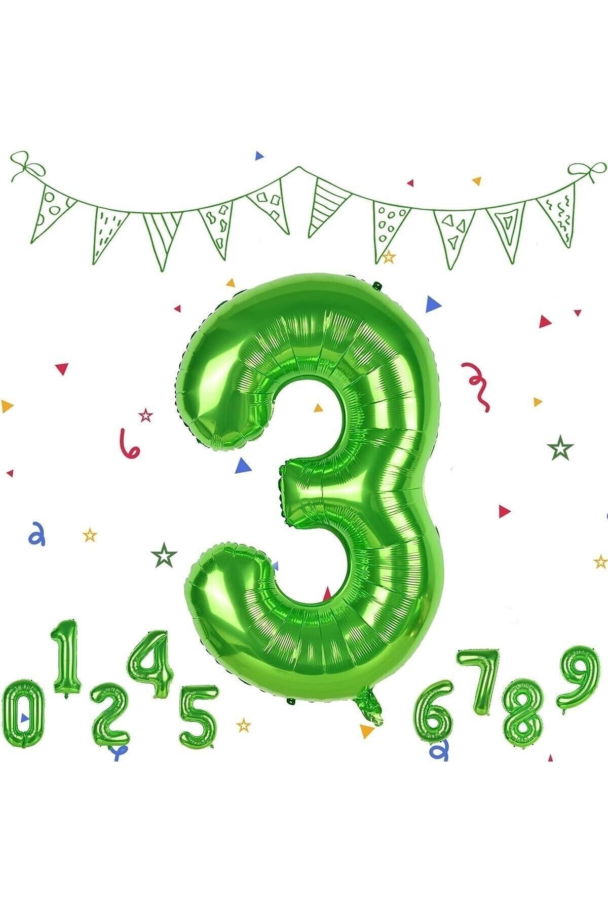 Partifest 3 Yaş Yeşil Renk Rakam Folyo Balon 3 Üç Rakam Yeşil Renk Helyum Uçan Folyo Balon Rakam Balon