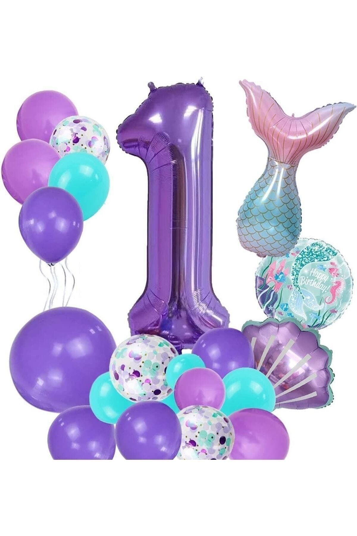 Partifest Mor Rakam Balon 1 Yaş Deniz Kızı Temalı Doğum Günü Parti Kutlama Seti Konsept 1
