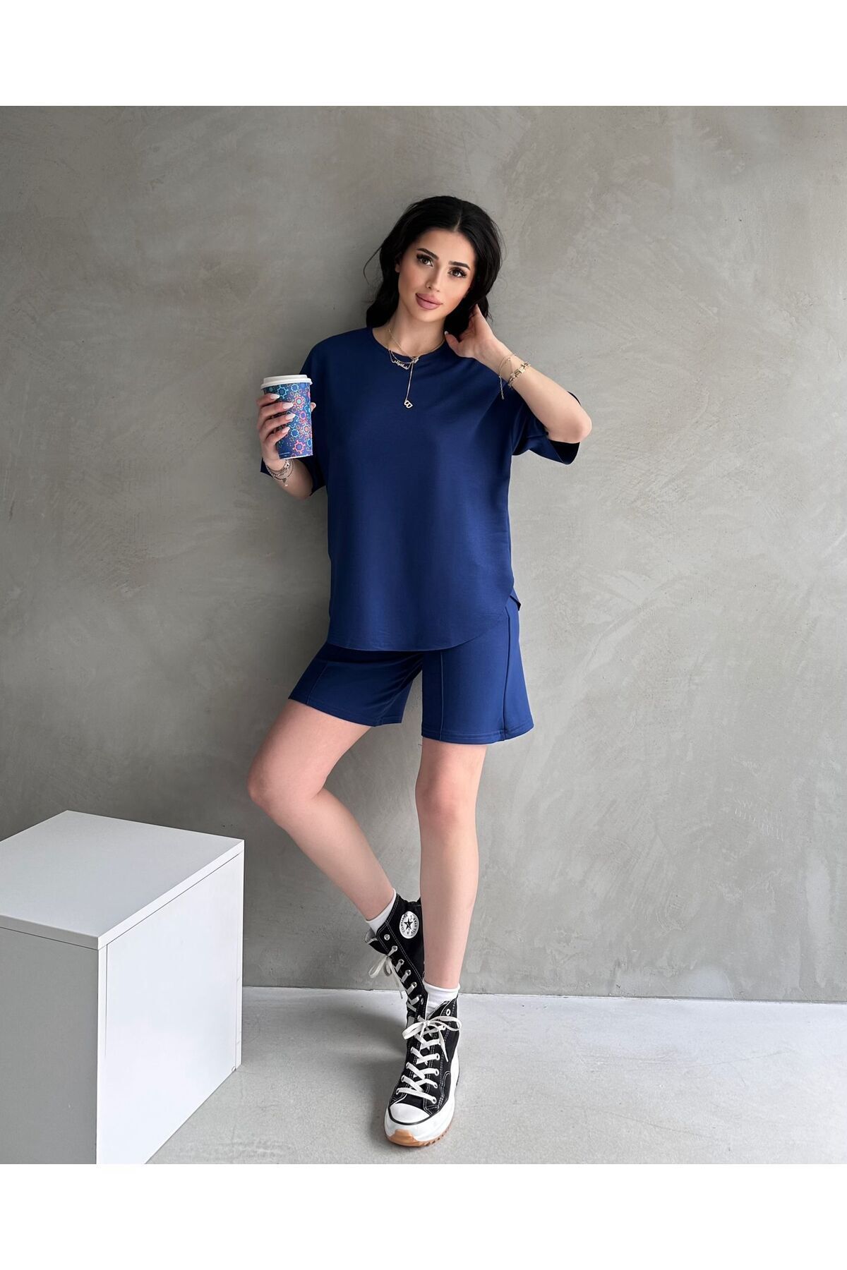 Moda Küpü Modal Kumaş Oversize Kısa Kollu Kadın Eşofman Takımı, Şortlu, Bağcıklı Yumuşak Kumaş, Modern Tasarım