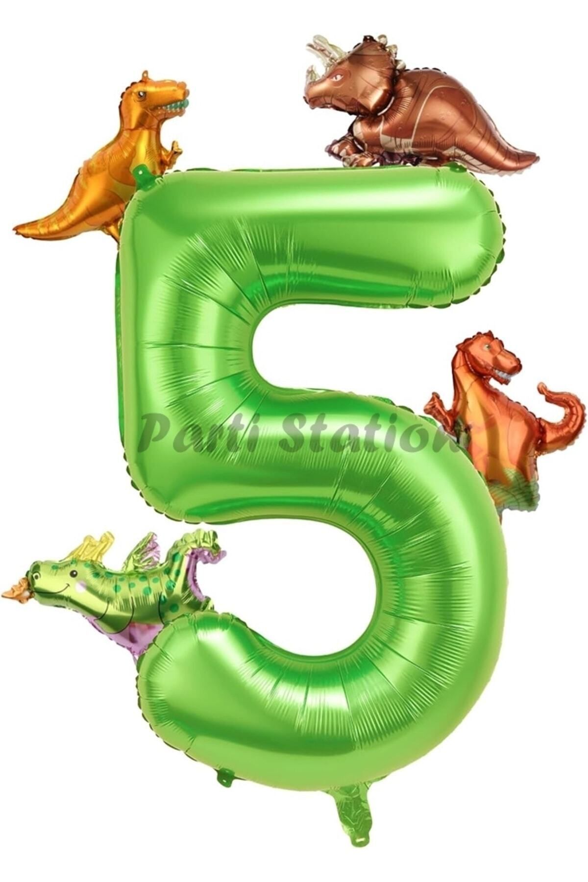 Partifest Dinozor Konsept Yeşil Rakam 5 Yaş Balon Yeşil Renk Dinazor Yaş Balon Uçan Helyum Sayı Balon