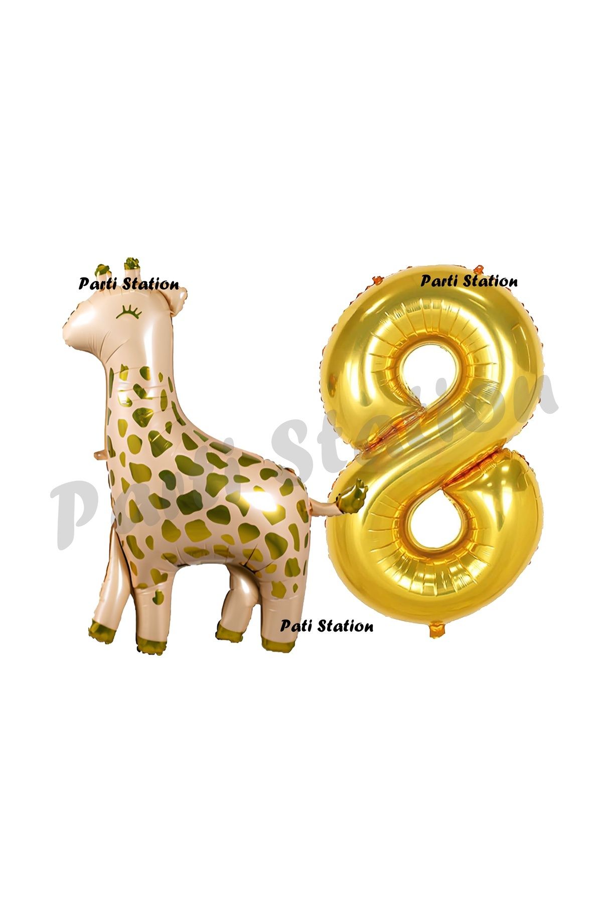 Partifest Safari Zürafa 8 Yaş Balon Set Sevimli Zürafa ve Gold Rakam Balon Doğum Günü Set